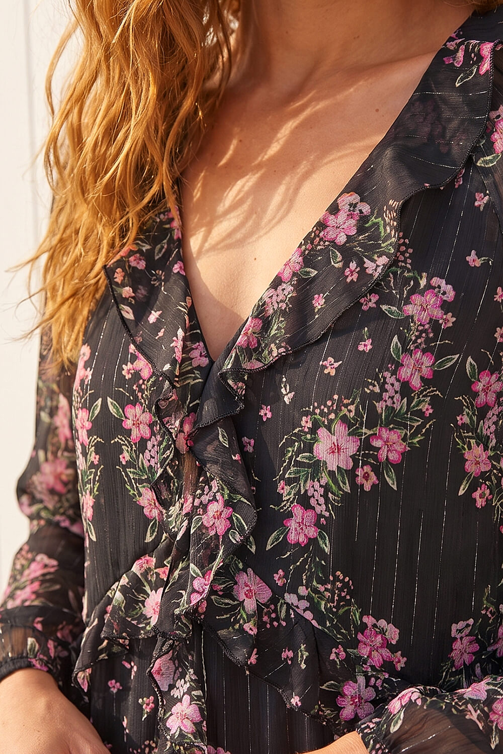 Black Floral Frill A-Line Dress, Image 5 of 4