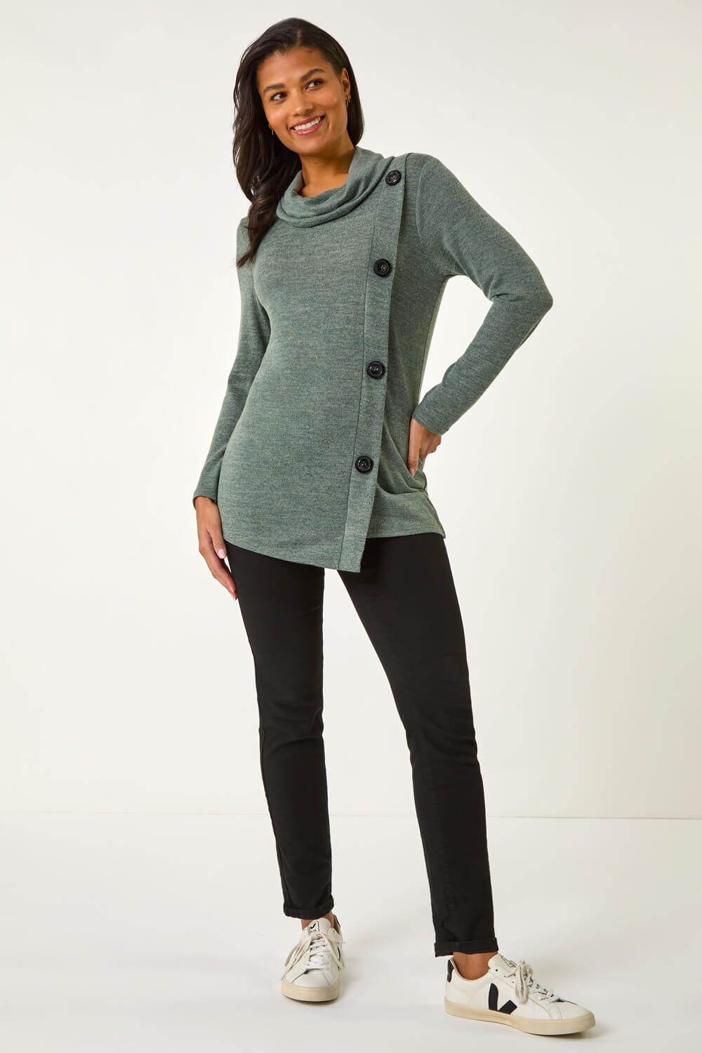 Khaki Cowl Neck Button Stretch Top, Image 3 of 5