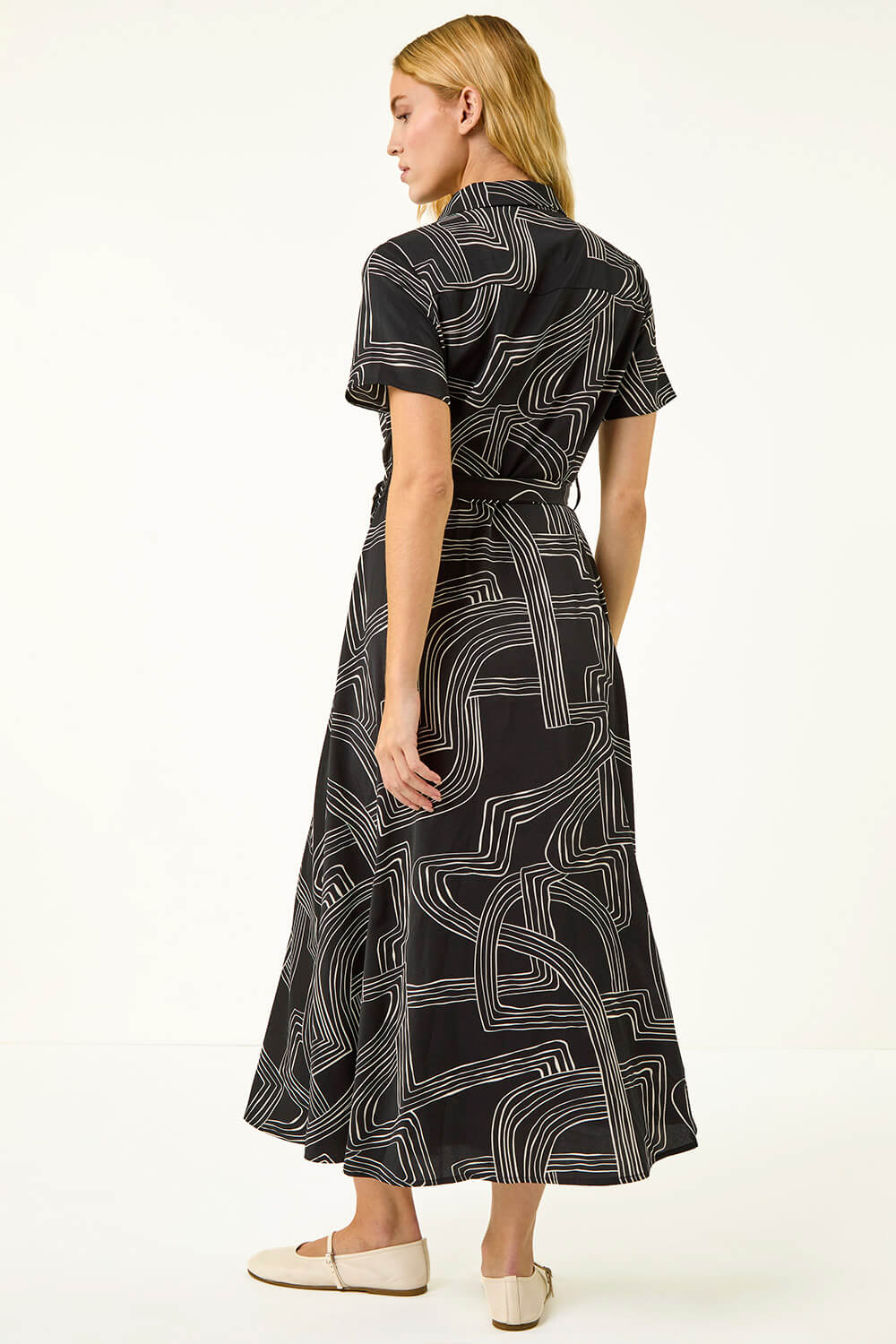 Black Geo Linear Print Shirt Midi Dress, Image 5 of 6
