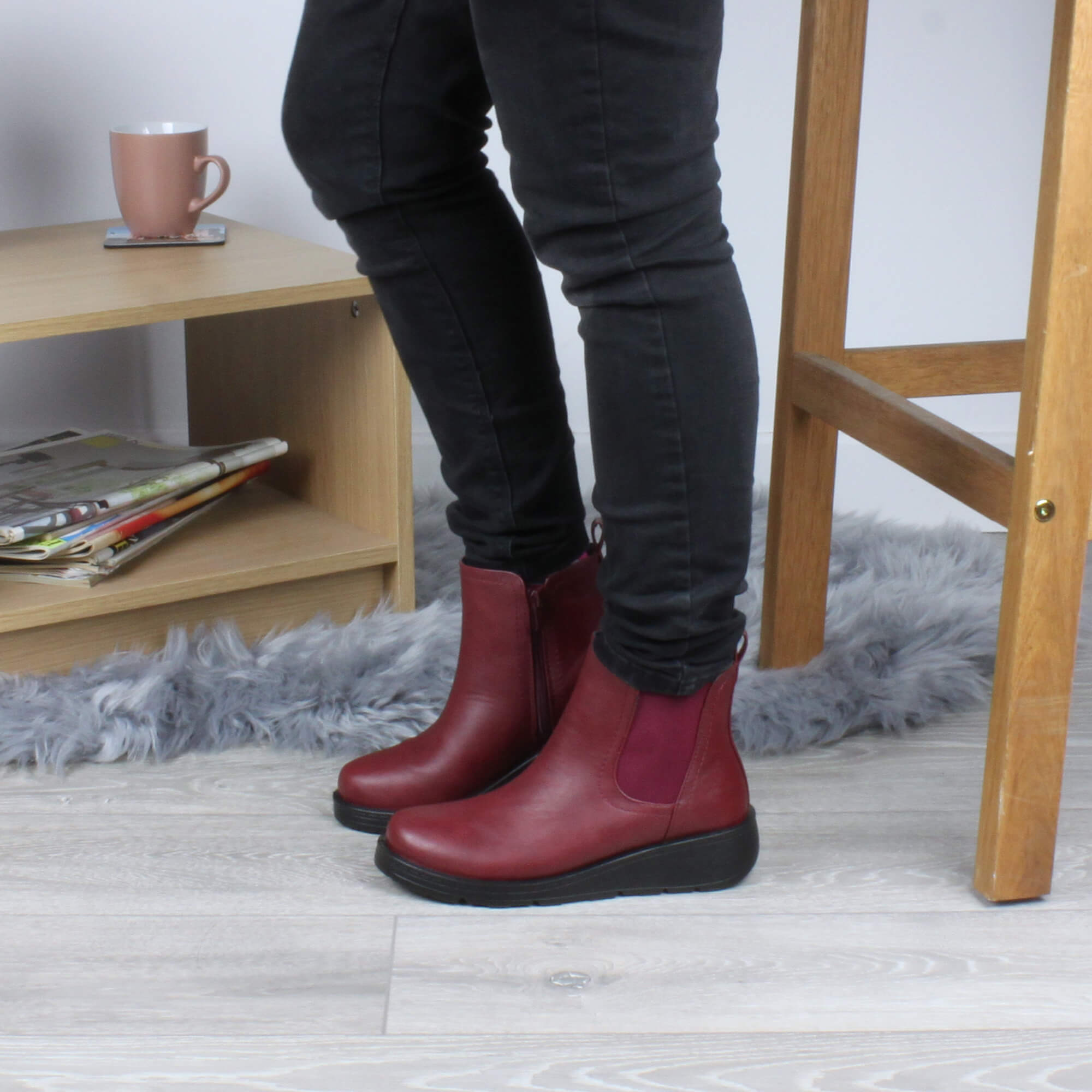 Burgundy AJVANI Burgundy Low Wedge Comfort Ankle Chelsea Boots, Image 5 of 6