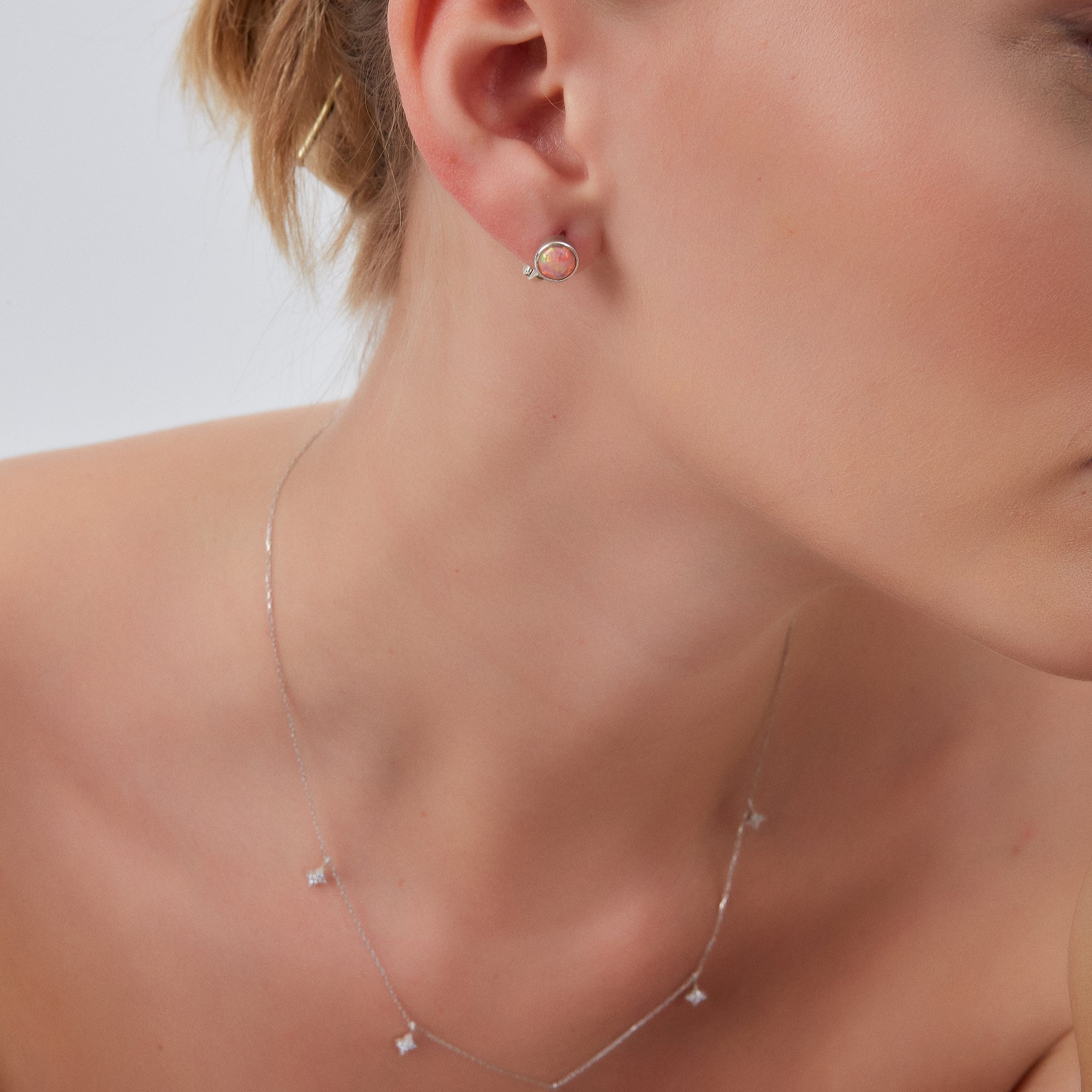 Silver Sterling Silver High Quality Round Pink Opal Earring, Image 2 of 5