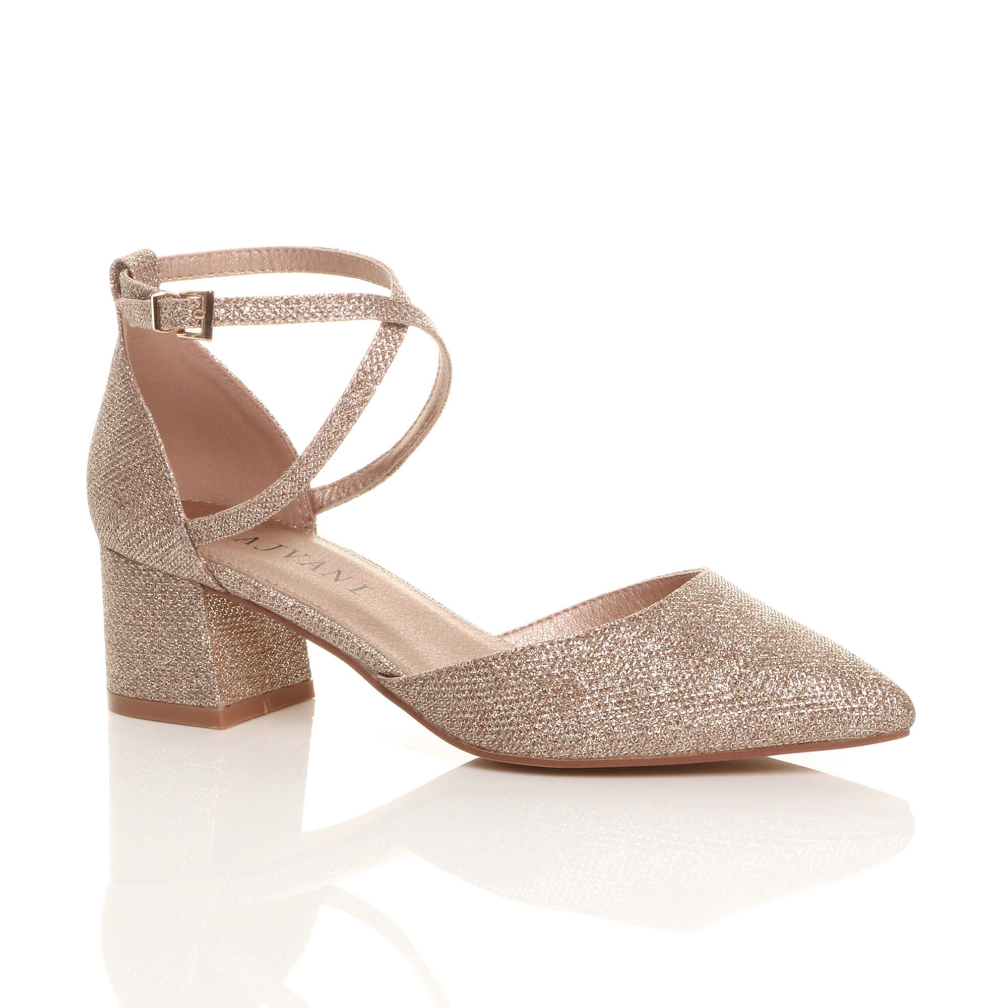 Rose Gold Mid Block Heel Crossed Straps Pointed Toe 2 Part Heels, Image 1 of 6