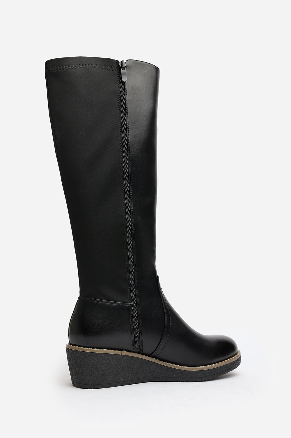 Black 'Livia' Knee High Wedge Boot Stitch Detail, Image 5 of 6