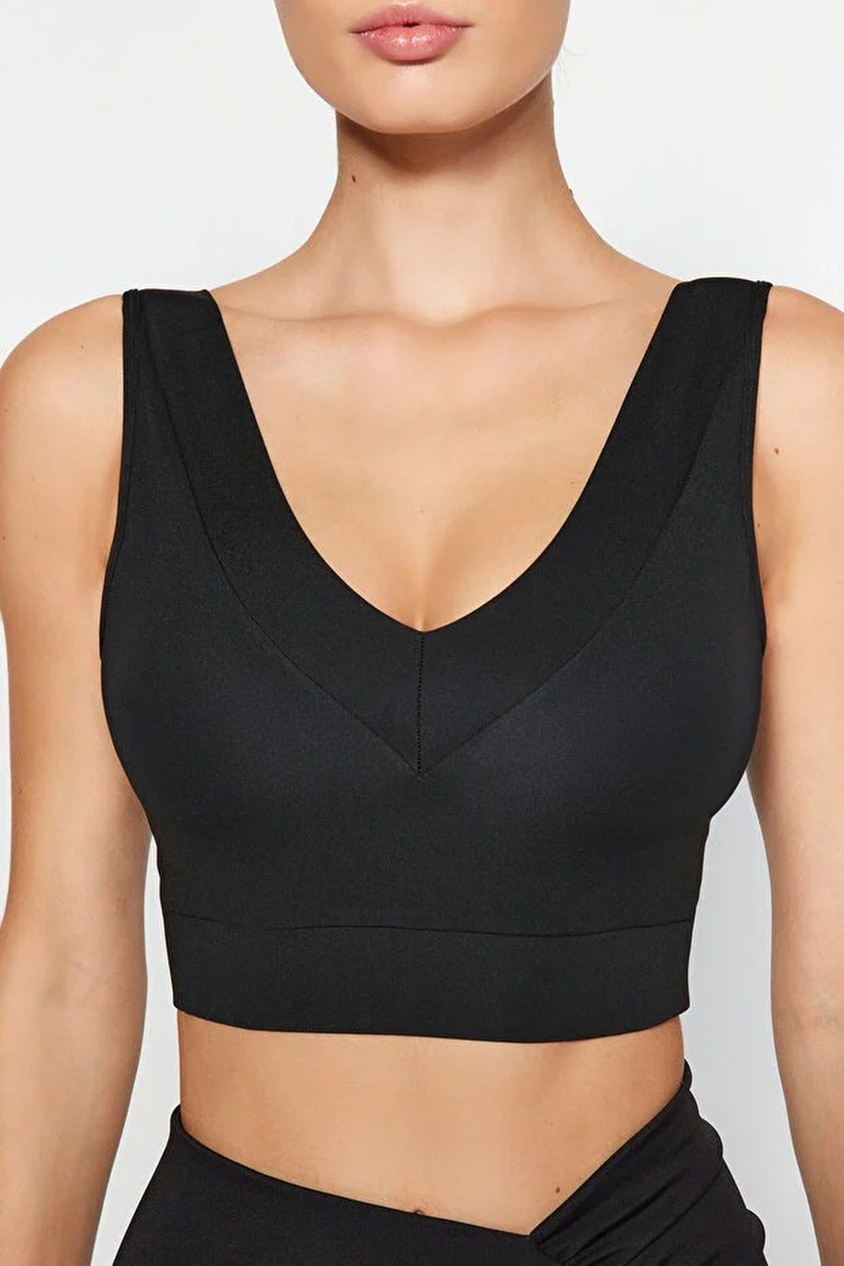 Black WOVCOR Black Padded V-Neck Wide Strap Longline Sports Bra, Image 2 of 4