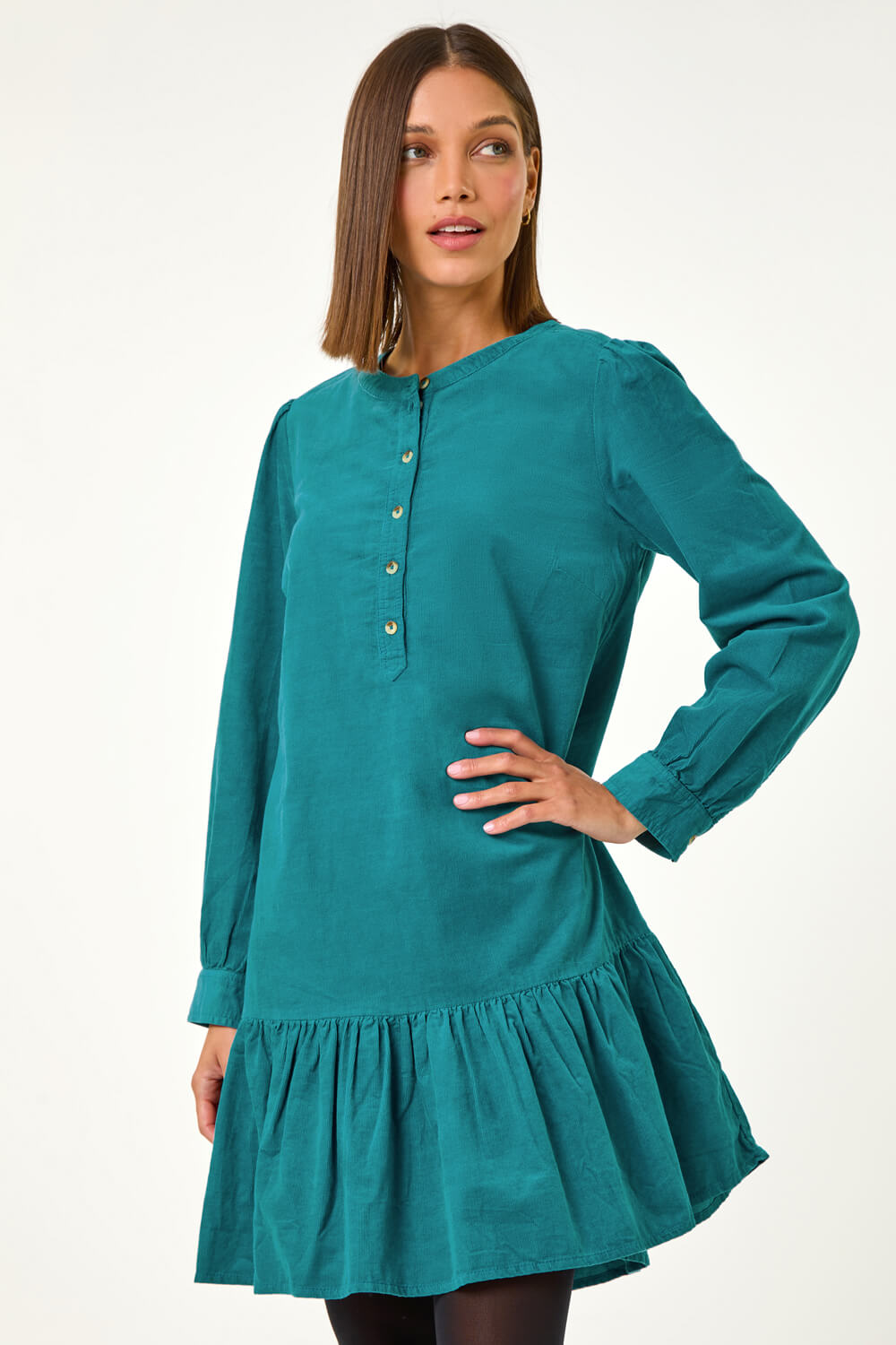 Teal Corduroy Button Detail A-Line Dress, Image 5 of 5