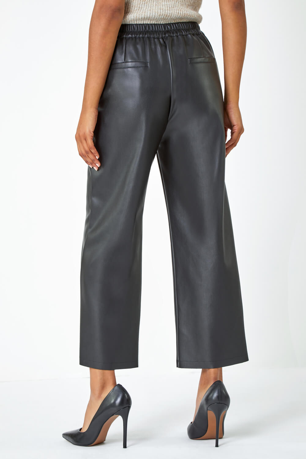 Black Faux Leather Wide Leg Crop Trousers, Image 4 of 6