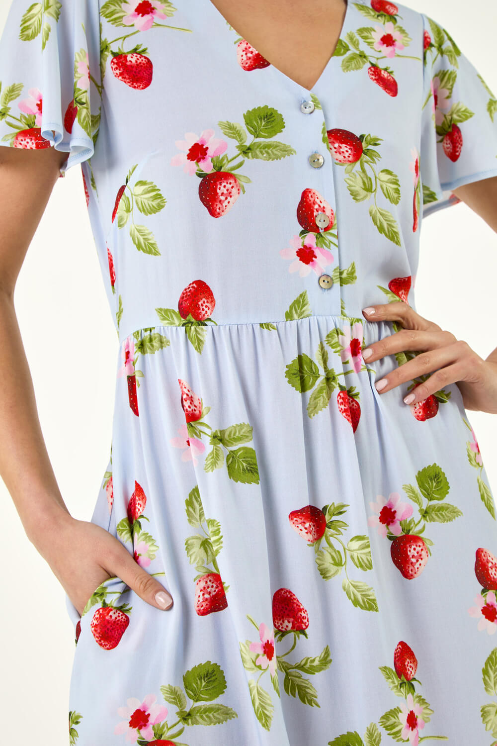 Blue Petite Strawberry Print Pocket Dress , Image 6 of 5