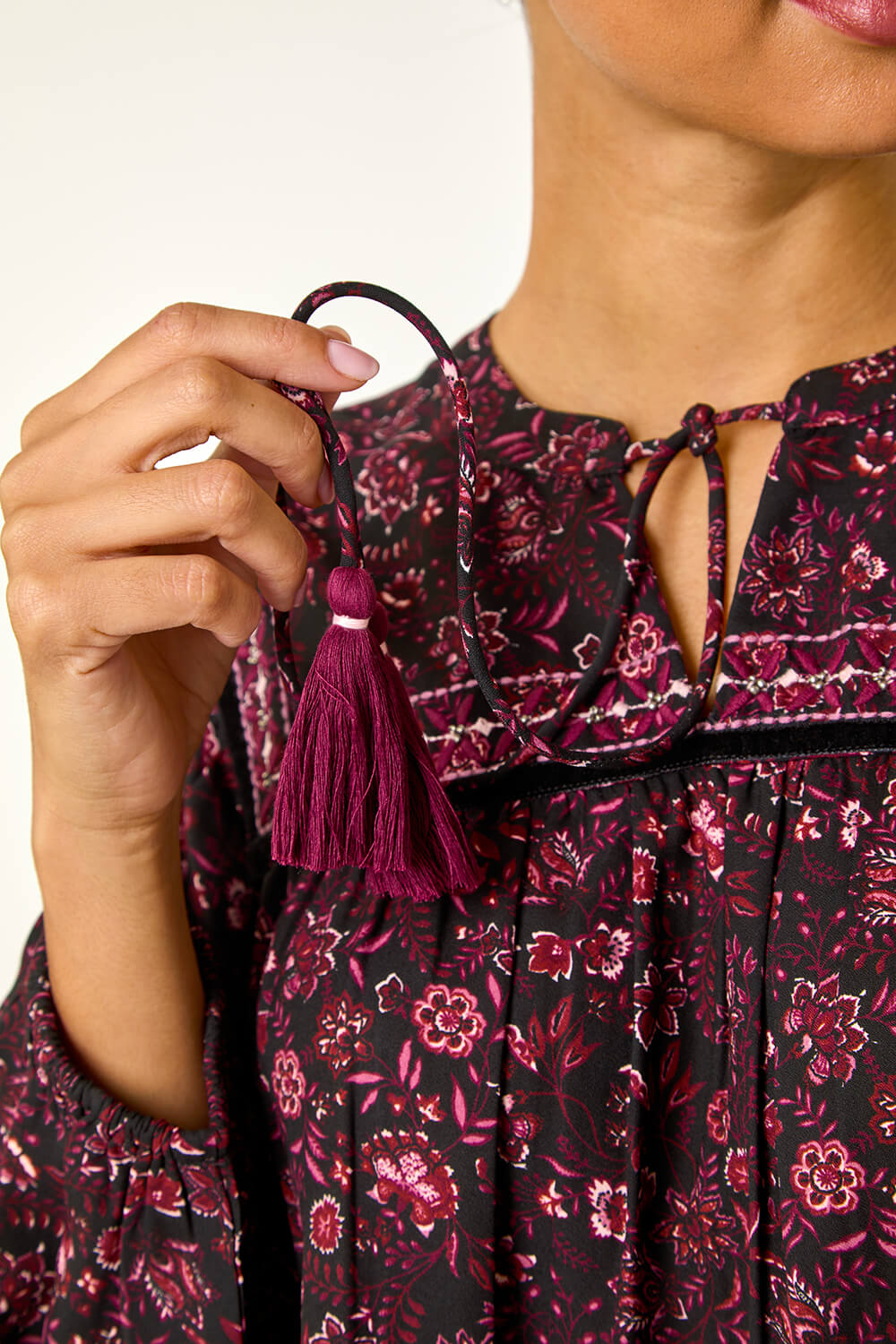 Purple Floral Print Tie Front Top, Image 6 of 5