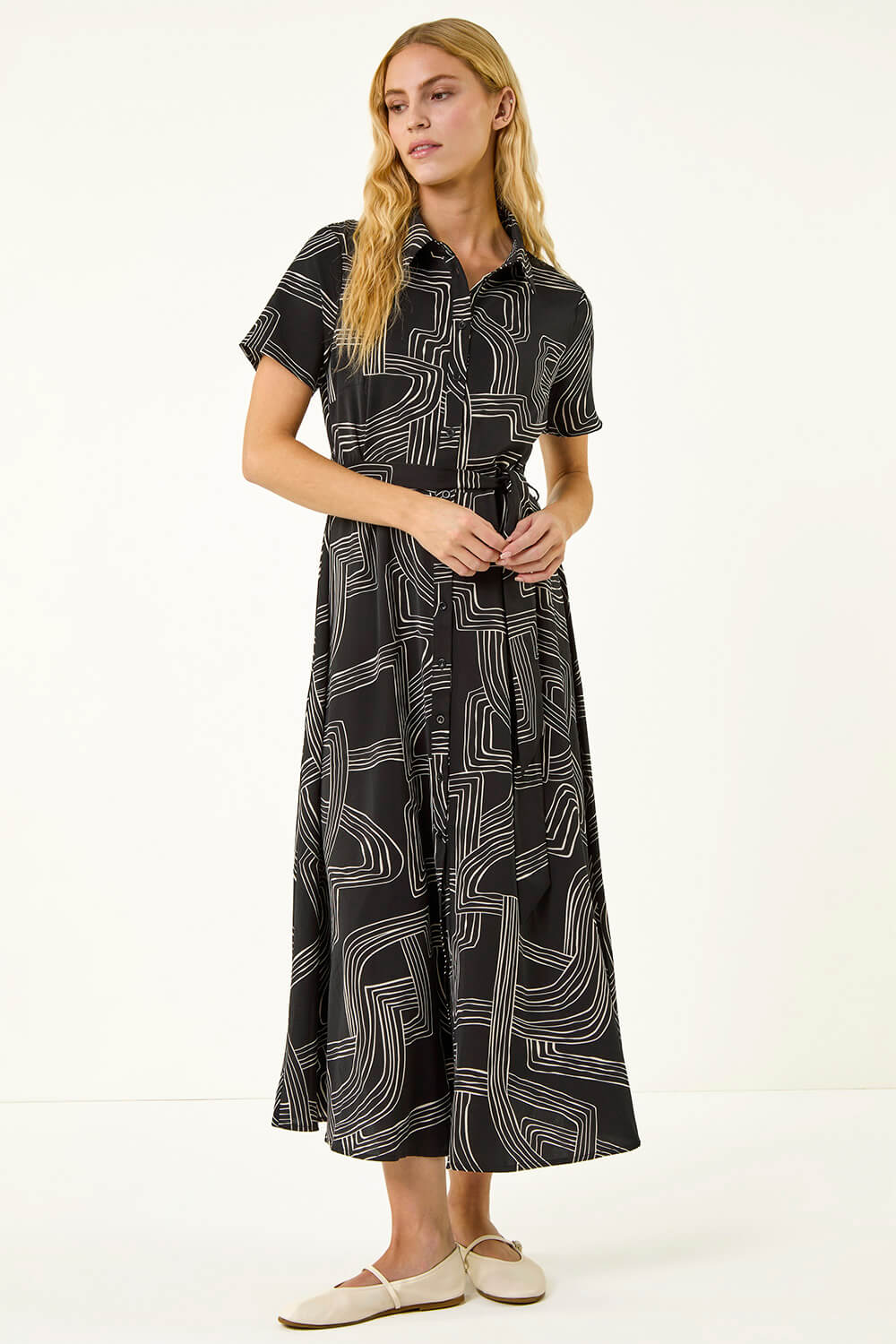 Black Geo Linear Print Shirt Midi Dress, Image 4 of 6