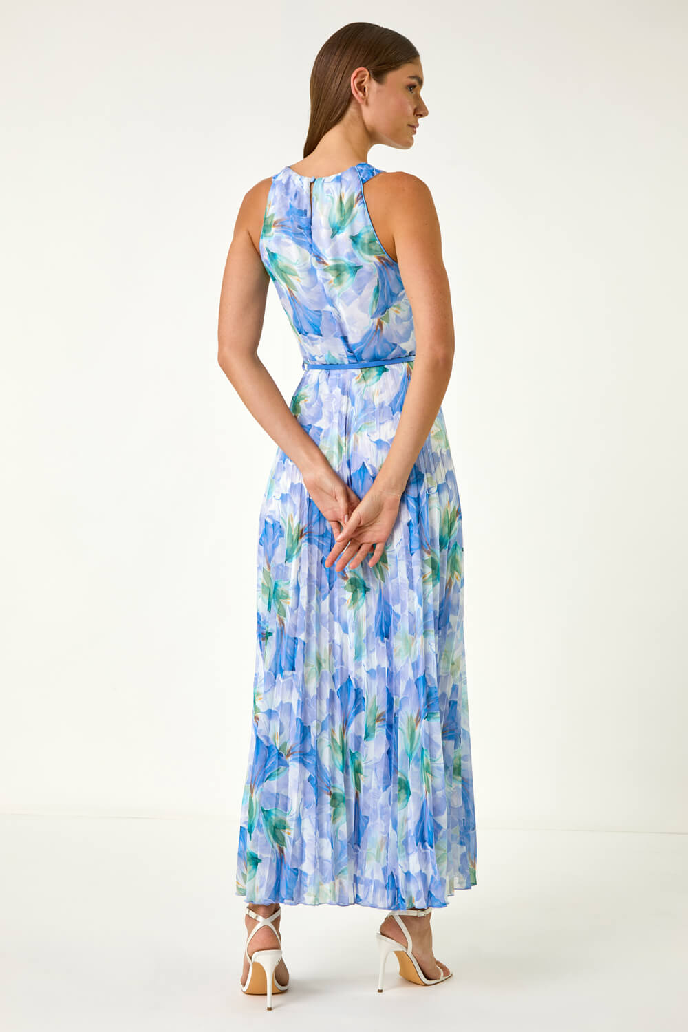 Light Blue Floral Print Pleated Maxi Dress, Image 4 of 6