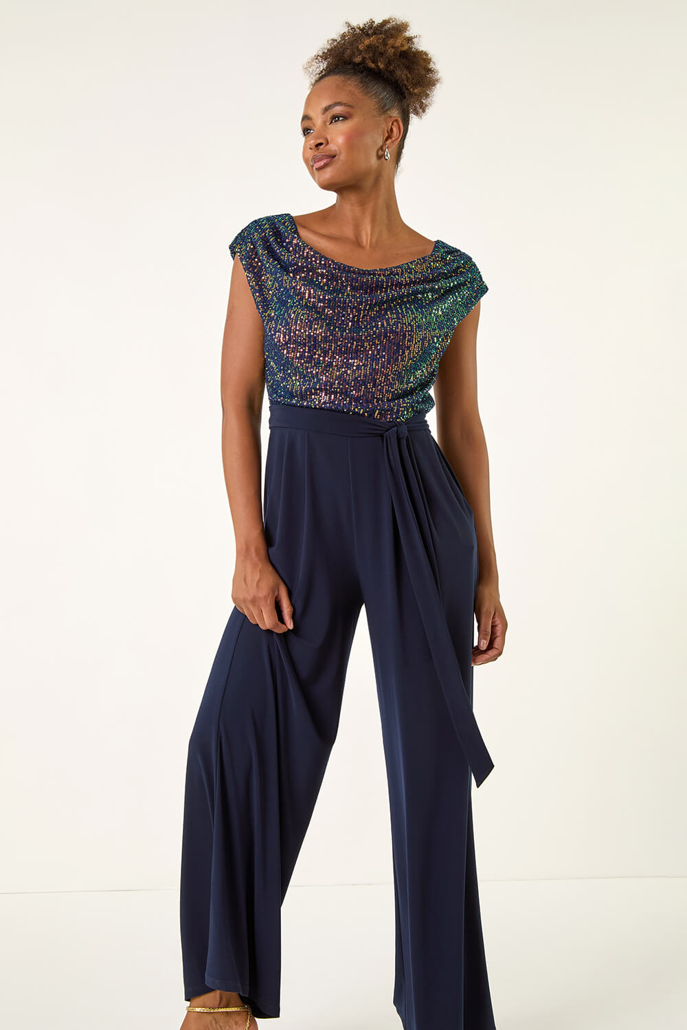 Navy Sequin Bodice Cowl Neck Jumpsuit, Image 6 of 5