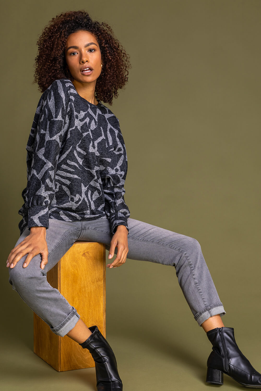 Dark Grey Abstract Animal Print Long Sleeve Top, Image 6 of 5