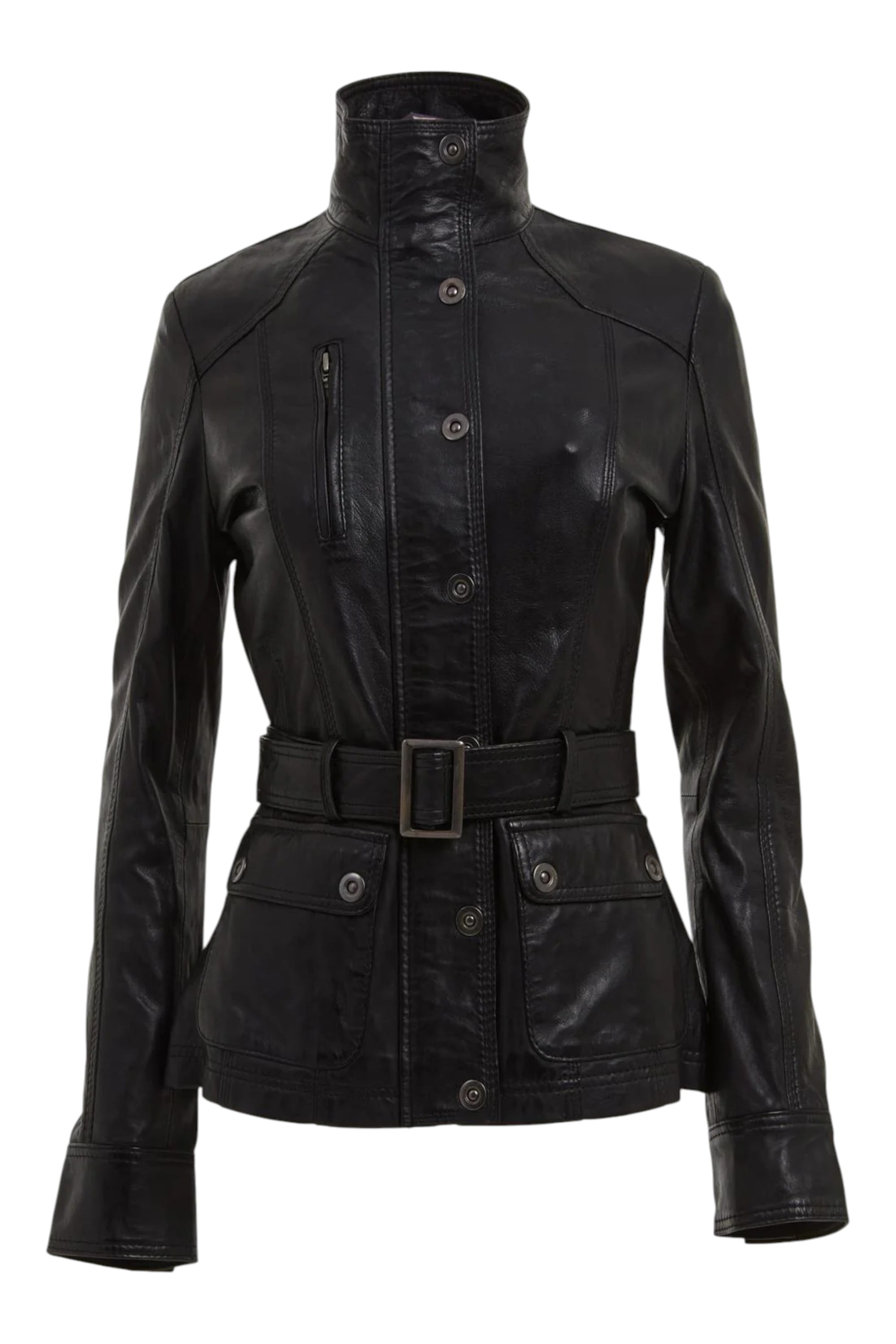 Black Womens Leather Military Biker Jacket, Image 1 of 3