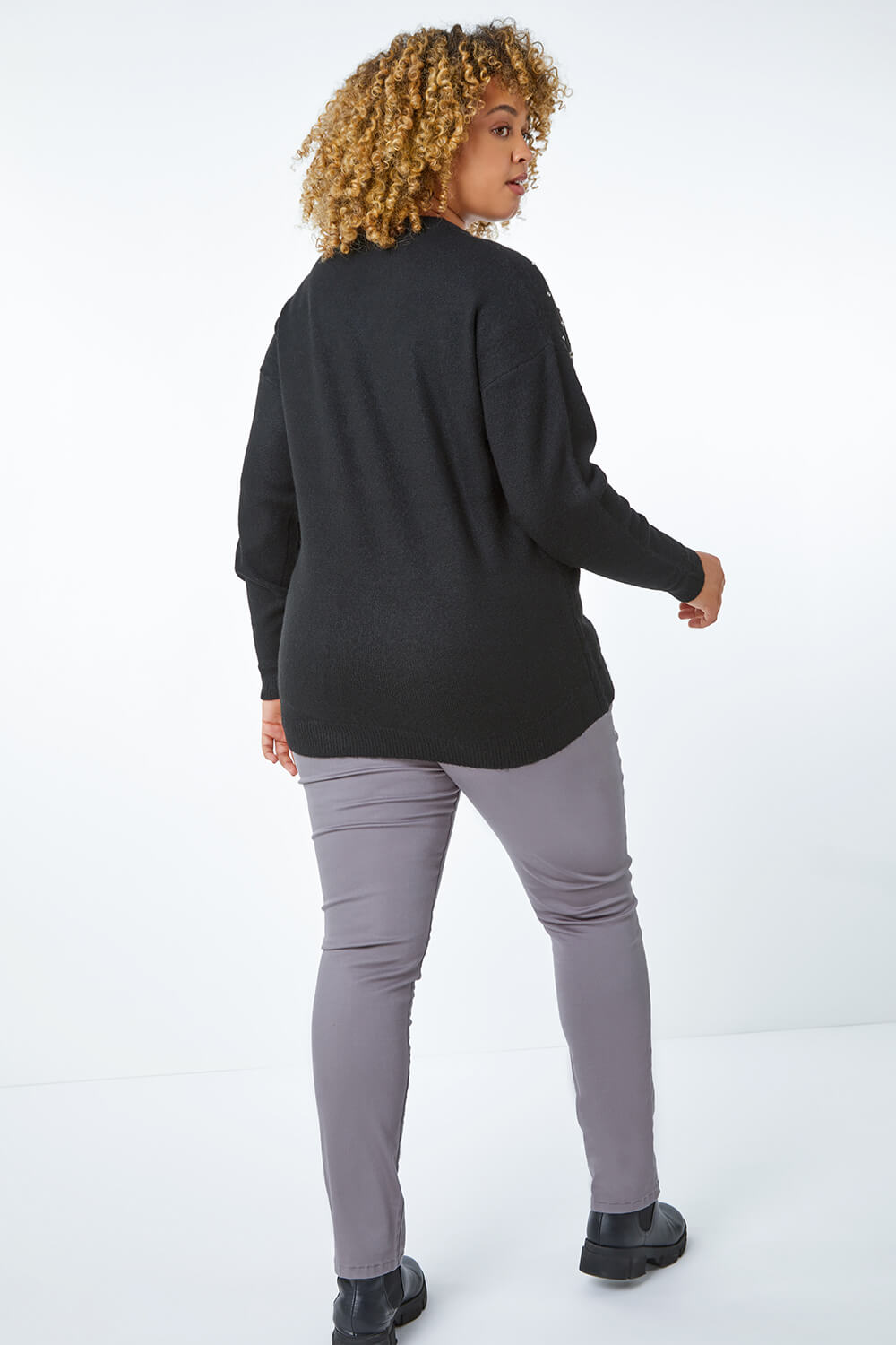 Black Curve Diamante Embellished Jumper, Image 4 of 5