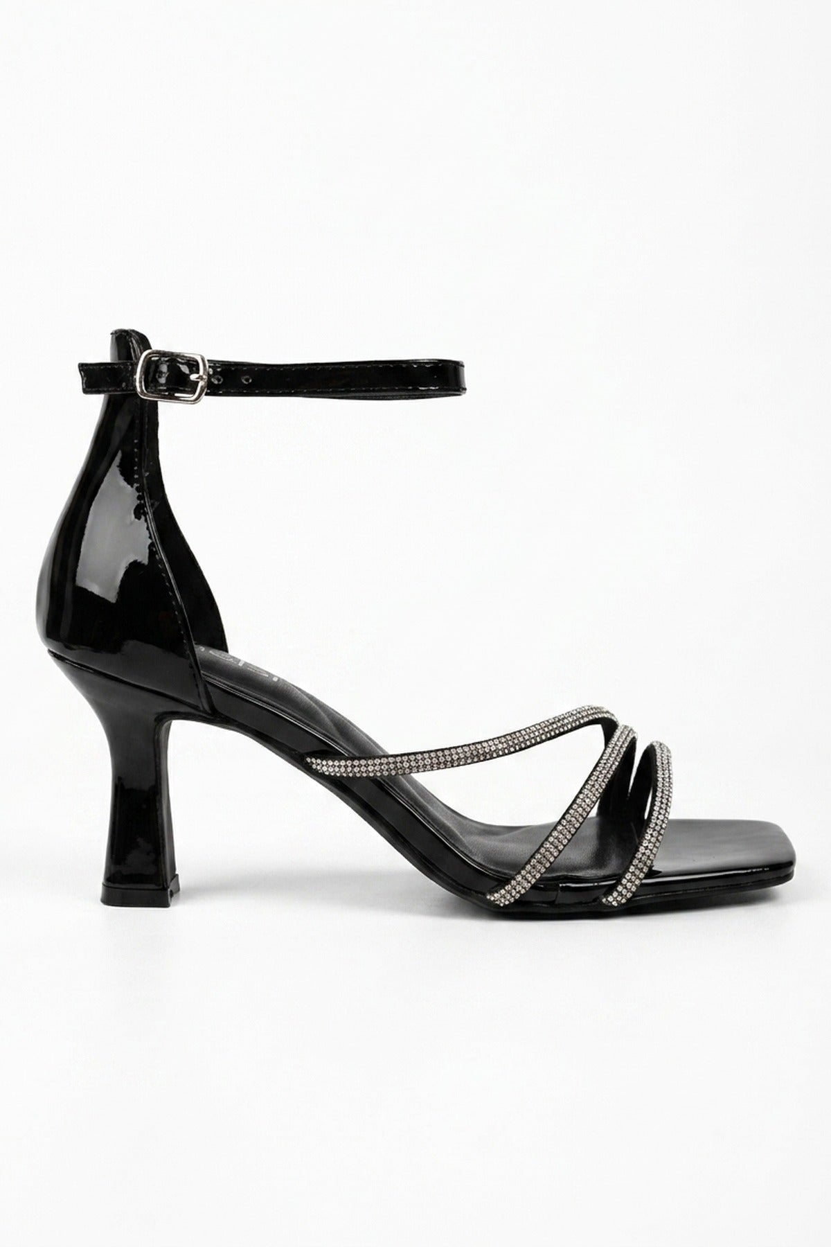 Black Pearl Patent Rhinestone Strap Square Sandals, Image 1 of 5