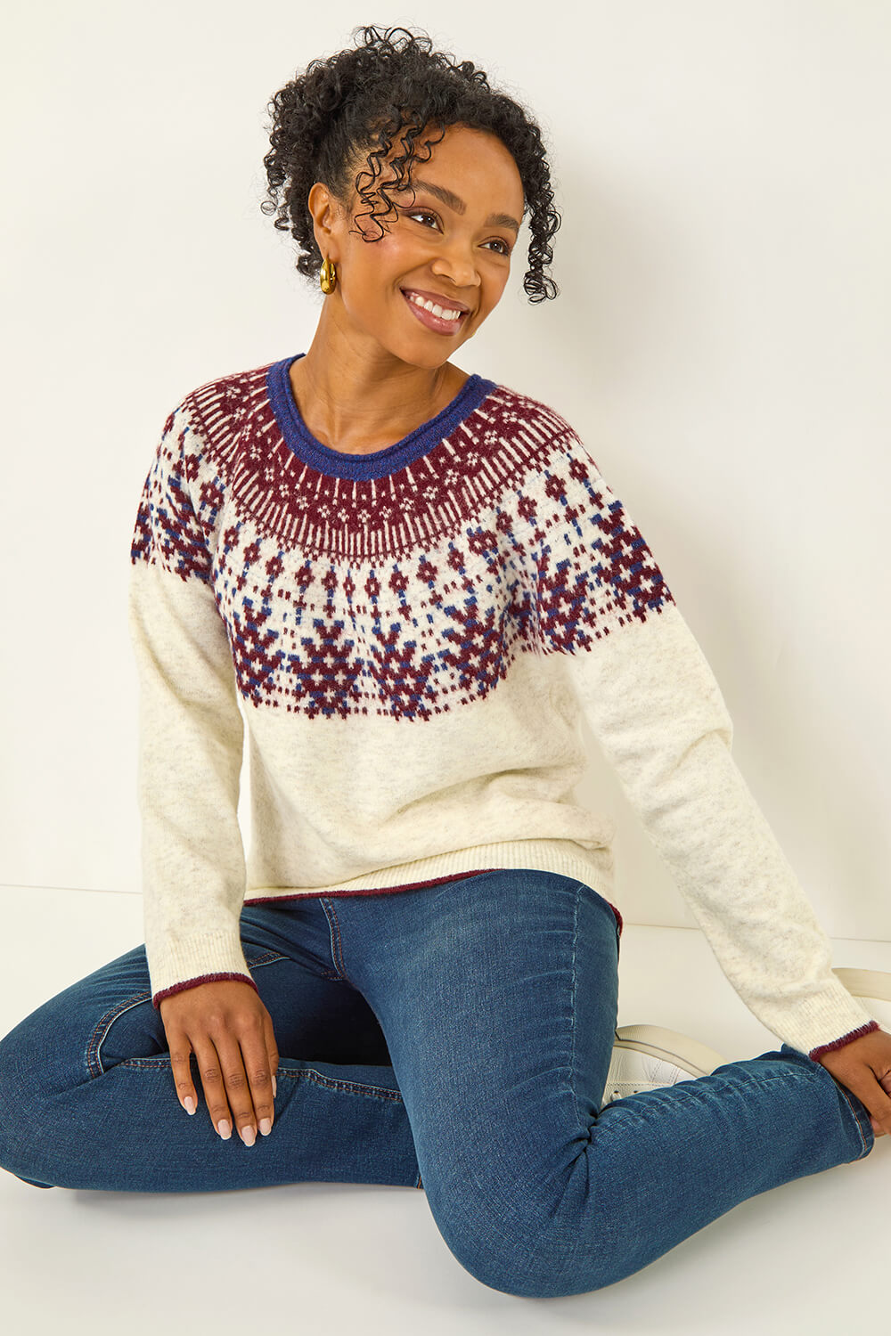 Roman Petite Women's Ivory Fairisle Neppy Knit Jumper Size 18