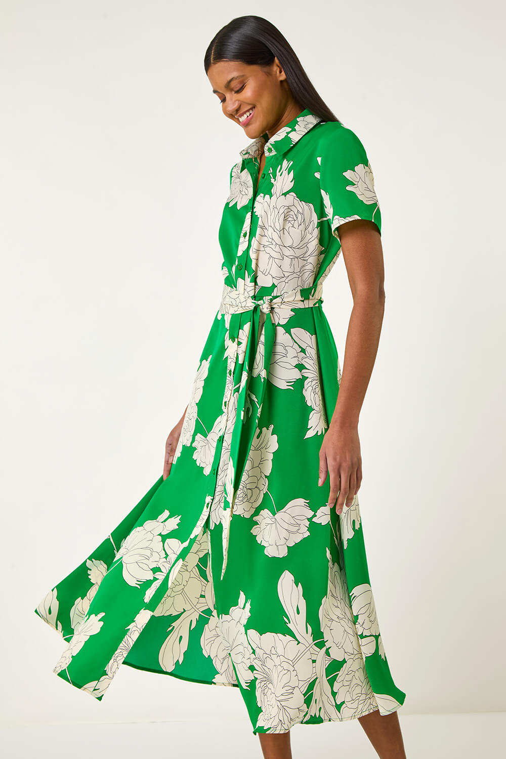 Green Shadow Floral Print Shirt Dress, Image 3 of 5