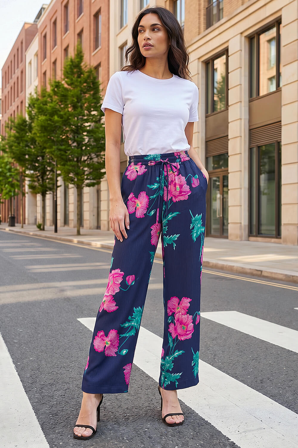 Navy Floral Textured Pull On Trouser, Image 1 of 5