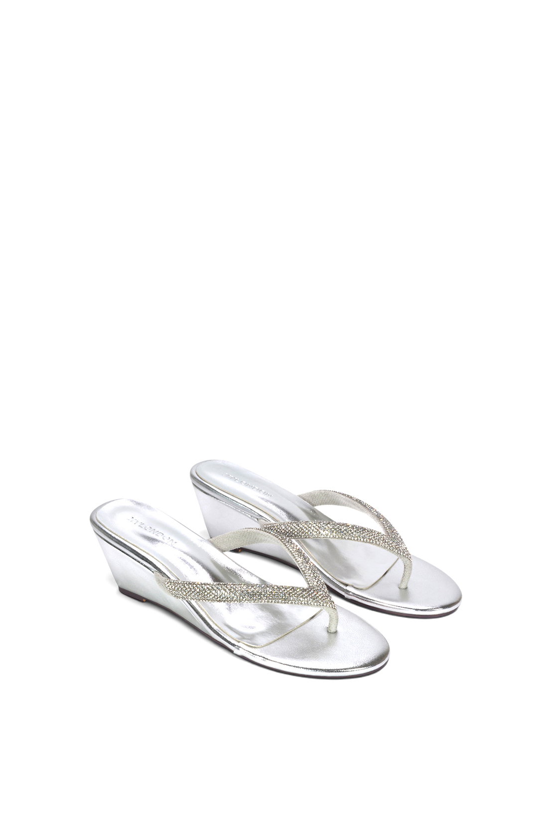 Silver 'Nina' Wedge Heel Sandal Mules With Diamante Thong Strap, Image 5 of 6