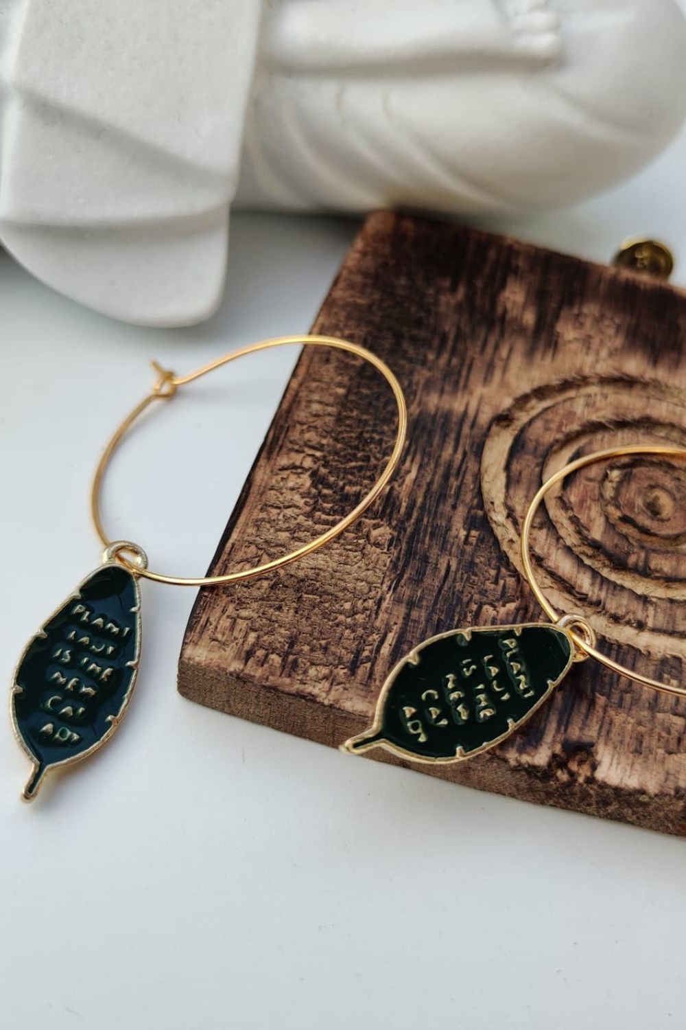 Green Green Leaf Charm Dainty Dangle 30mm Boho Hoop Earrings, Image 1 of 1