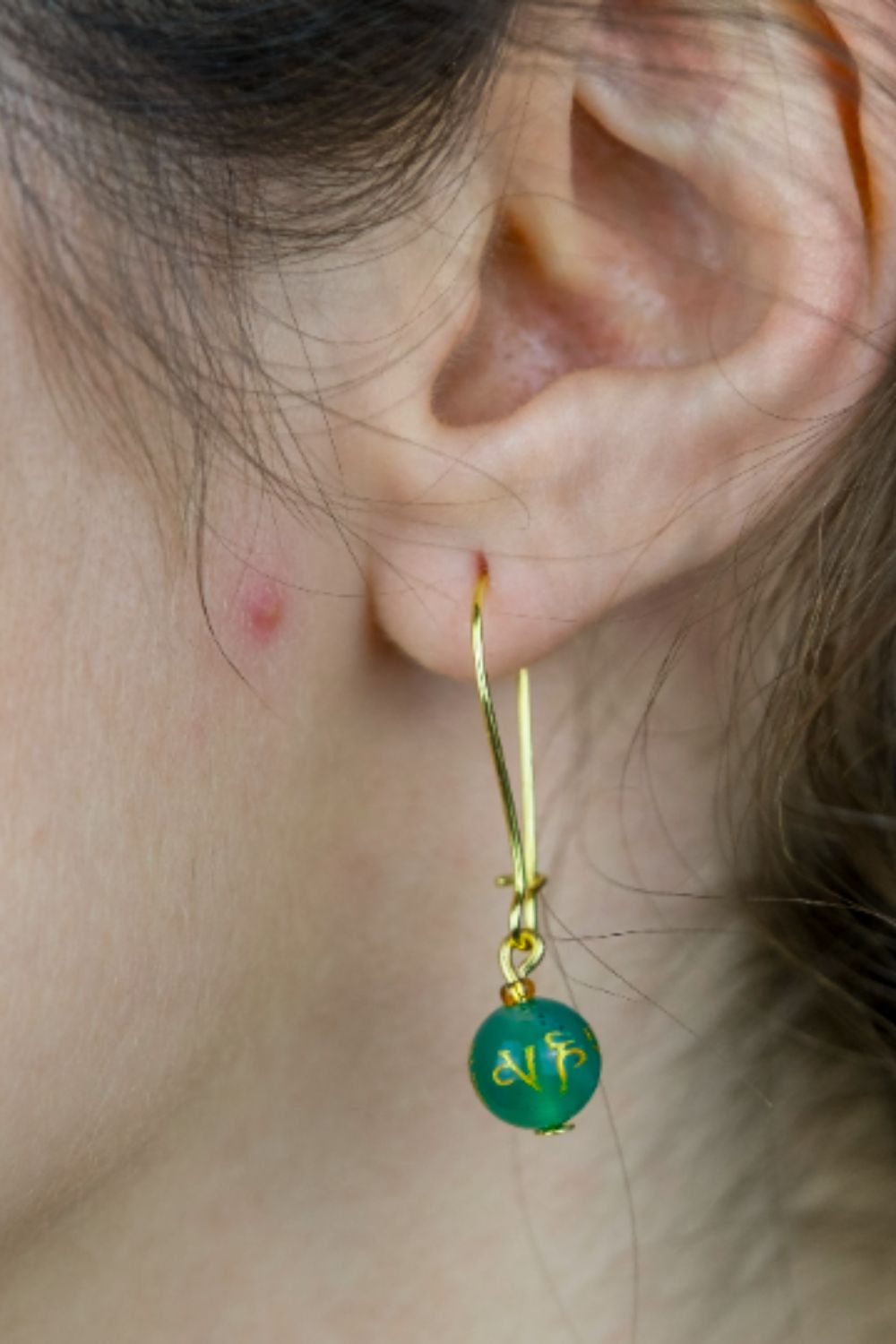 Yellow Gold Pearl Monk Mantra Huggie Earrings, Image 2 of 2