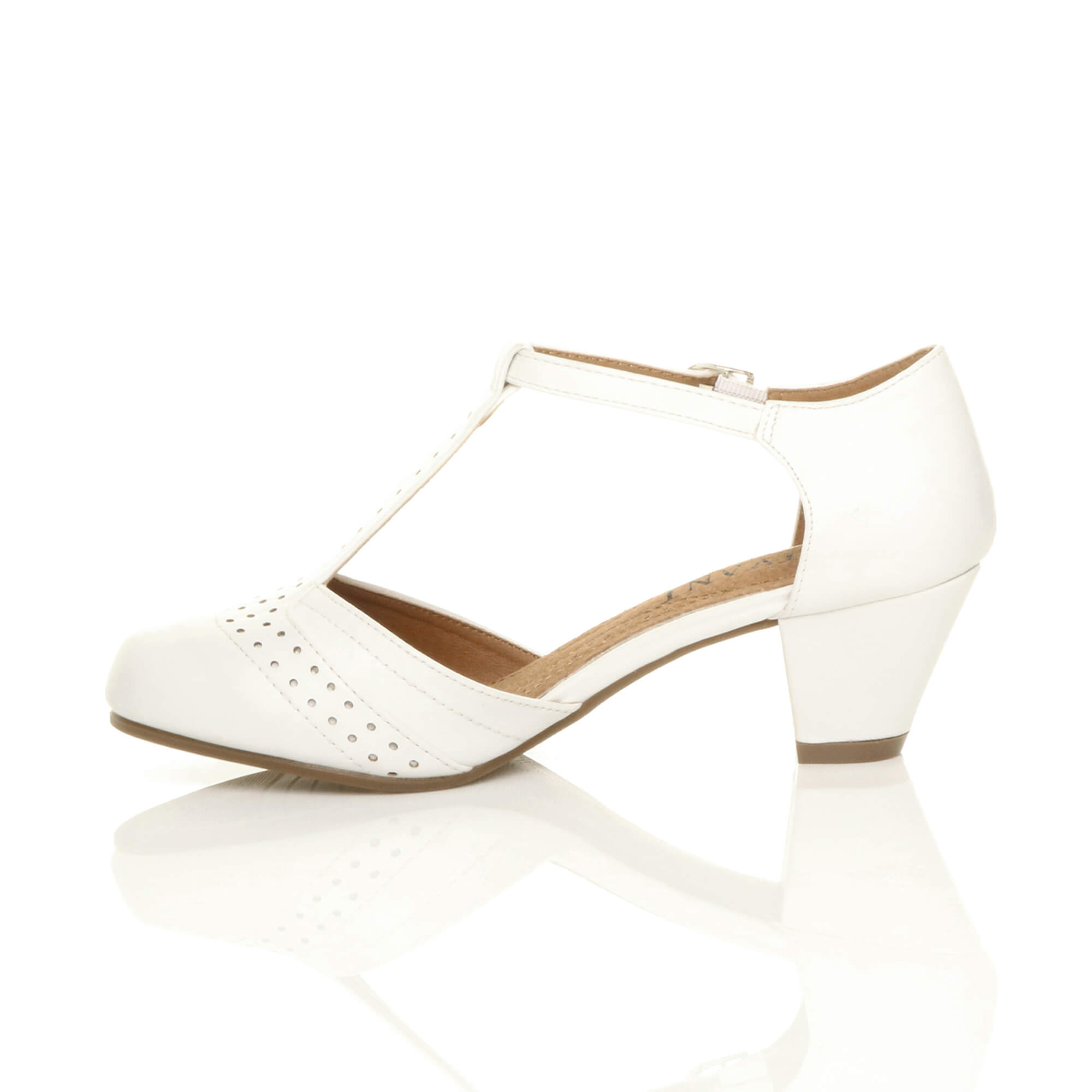 White Mid Heel Comfort T-Bar Brogue Heels, Image 3 of 6