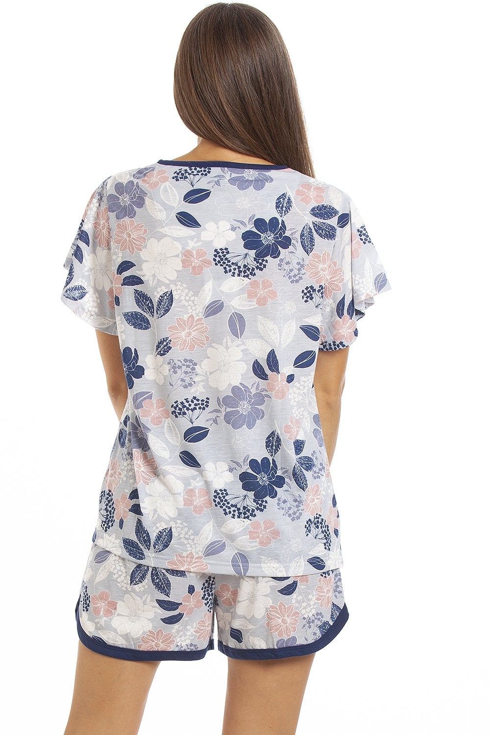 Navy Floral Leaf Print Jersey Short Pyjama Set, Image 4 of 5