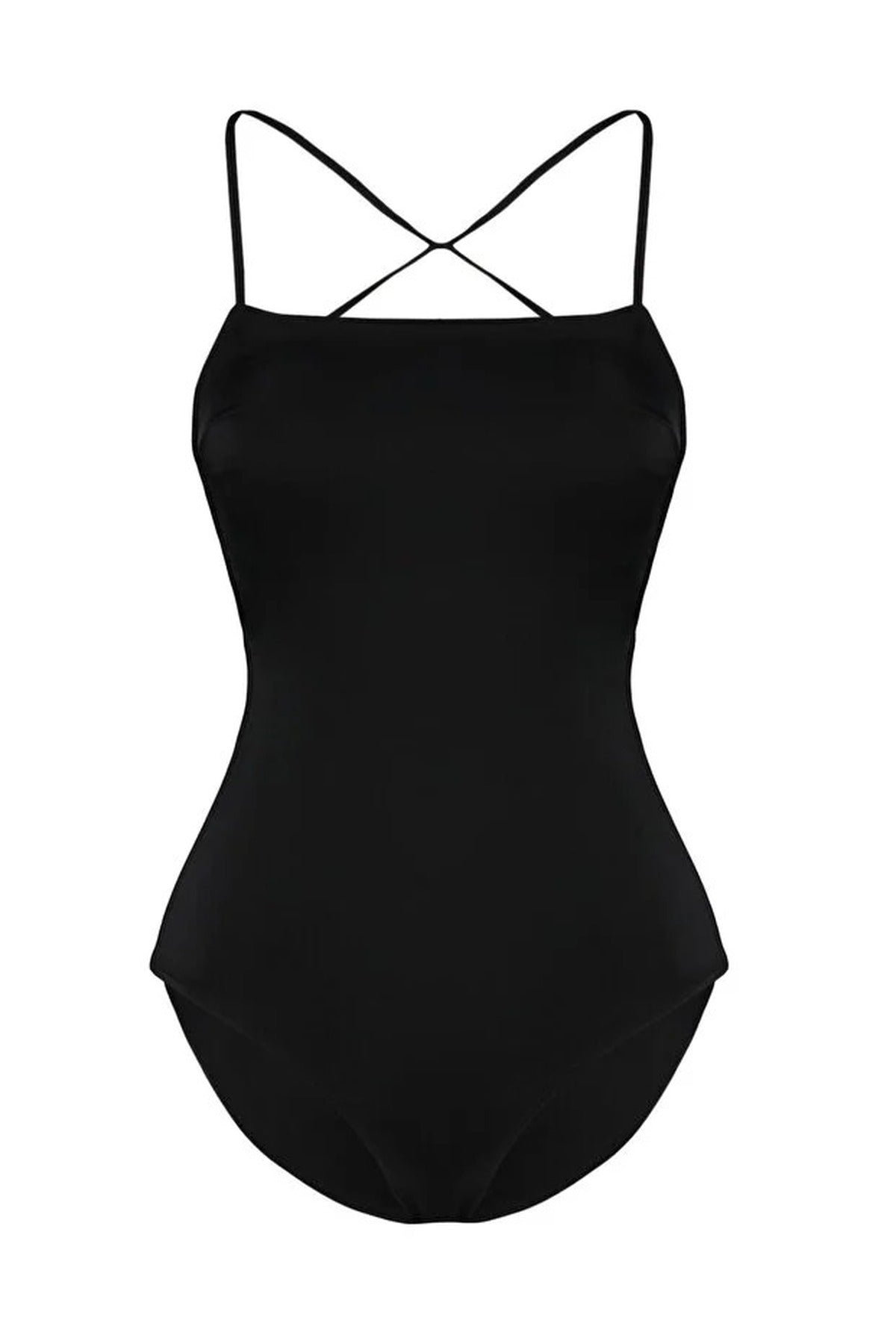 Black Square Neck Strappy Open Back Fitted Swimsuit, Image 2 of 3