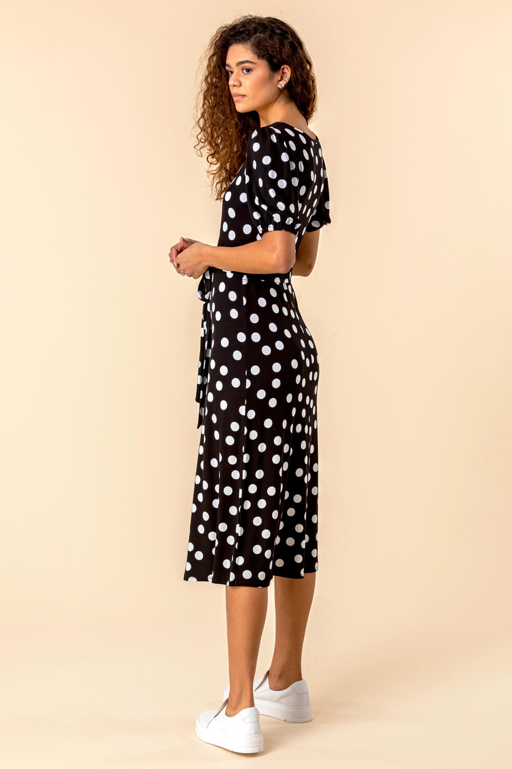 Black Ruched Neck Polka Dot Midi Dress, Image 3 of 4
