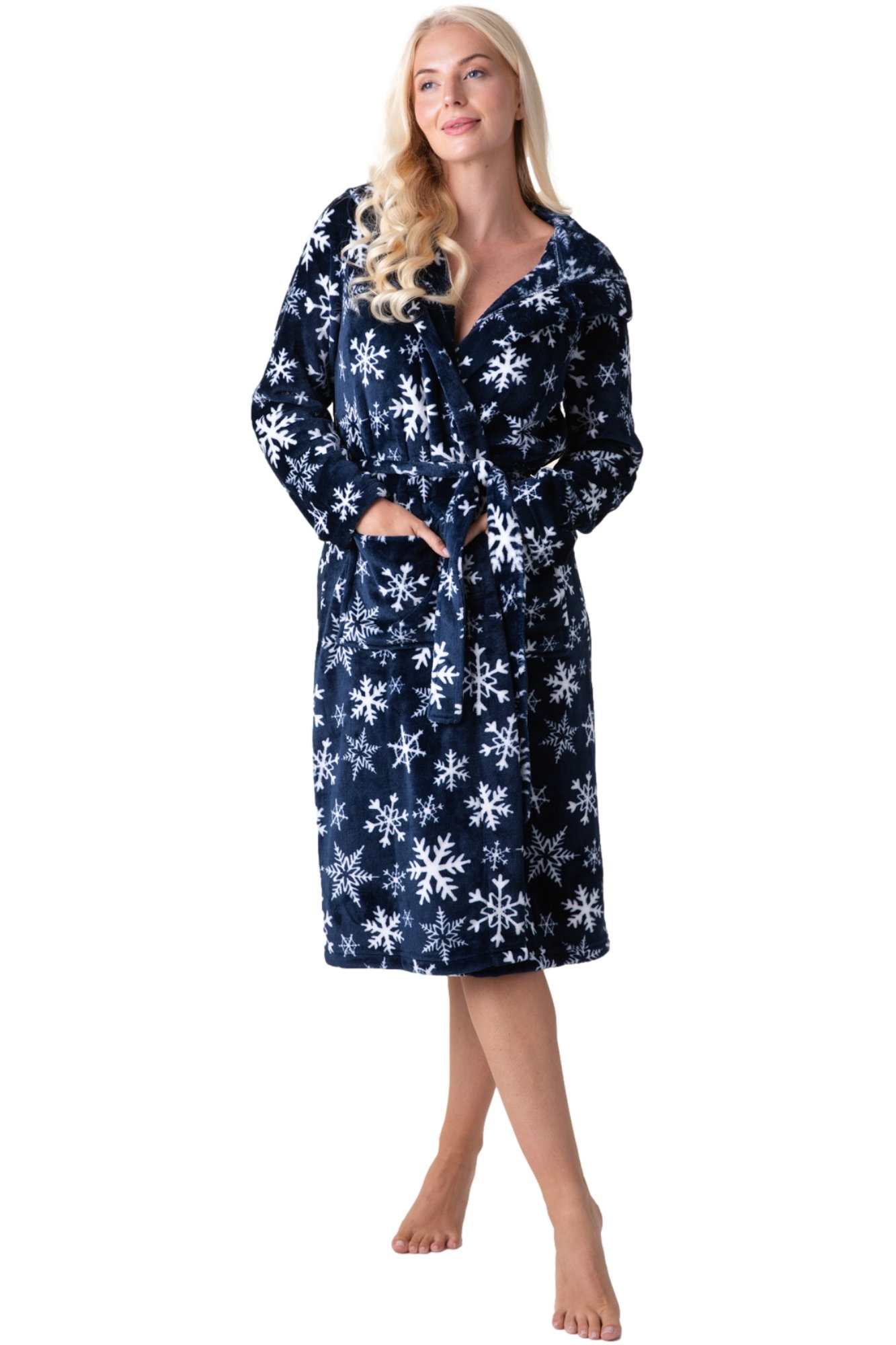 Blue Camille Lingerie Blue Supersoft Fleece Hooded Calf Length Bathrobe, Image 1 of 6