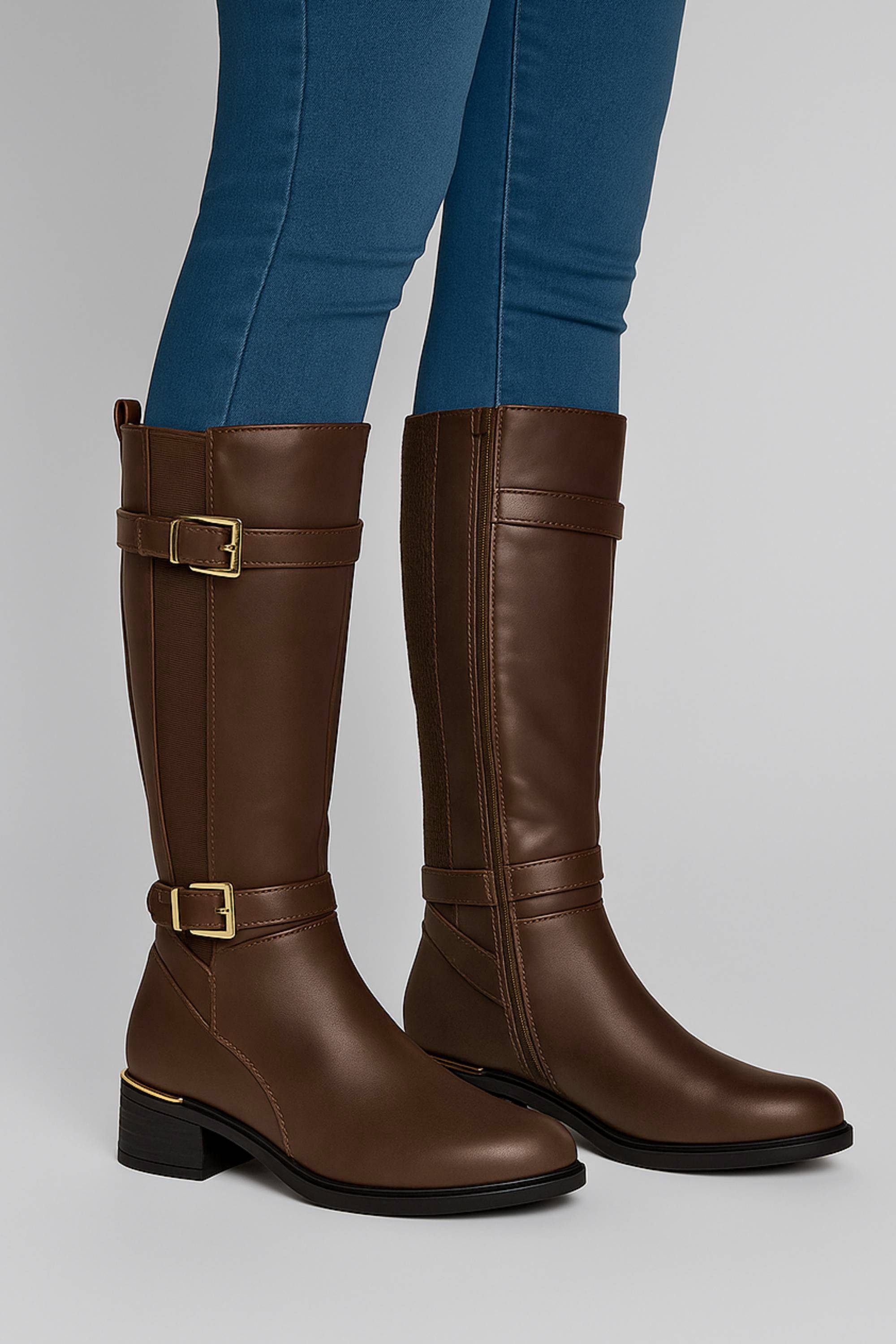 Brown AJVANI Brown Stretchy Elastic Zip Calf Biker Knee Boots, Image 2 of 5