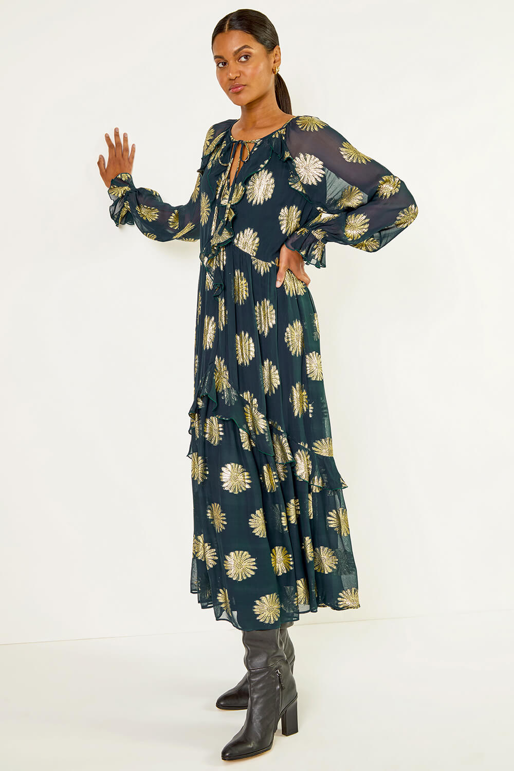 Teal Frill Brocade Midi Dress, Image 1 of 5
