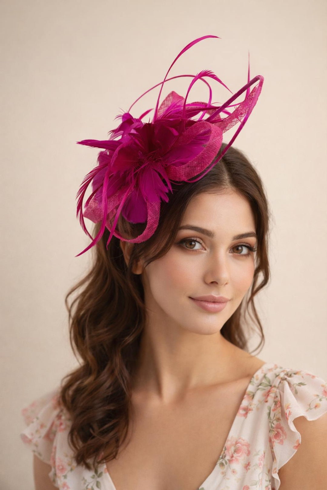 Fuchsia Floral Feather Fascinator with Loops, Image 1 of 2