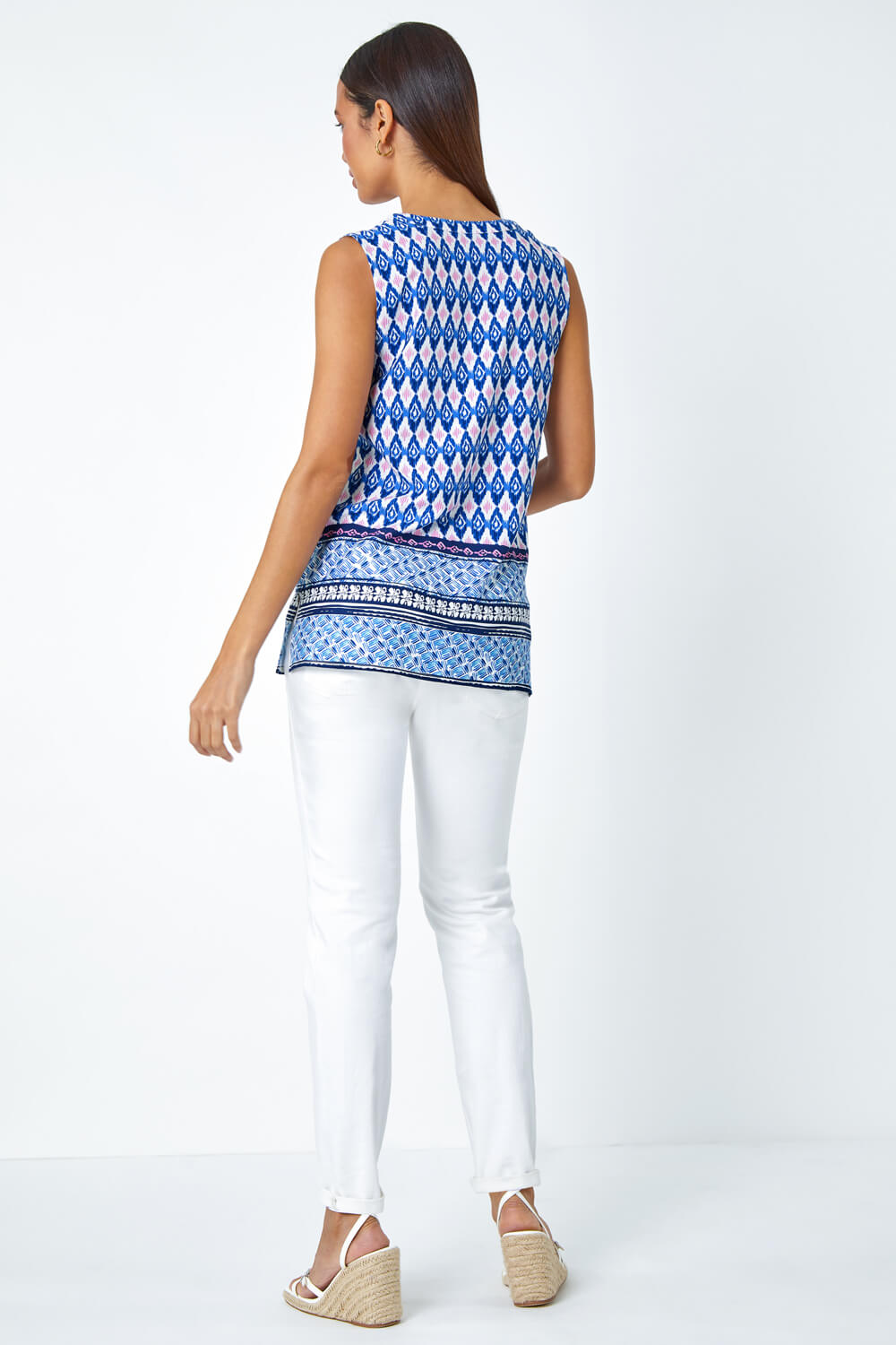 Blue Longline Border Print V-Neck Blouse, Image 4 of 5