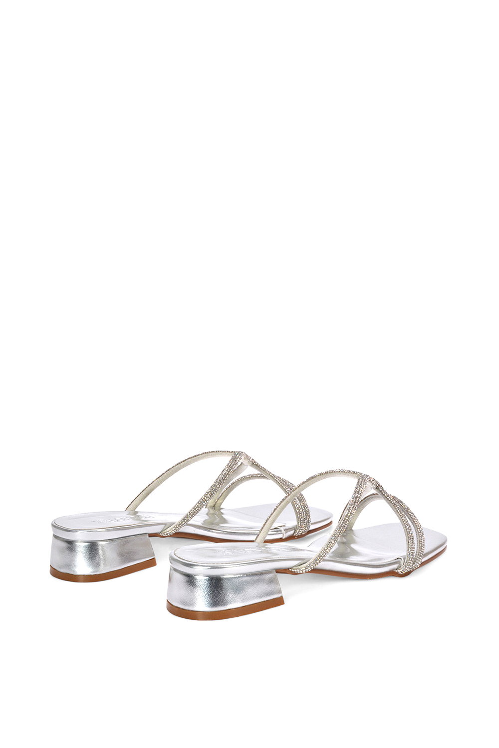 Silver XY LONDON Silver 'Olivia' Strappy Low Block Heel Diamante Sandals With Square Toe, Image 4 of 6