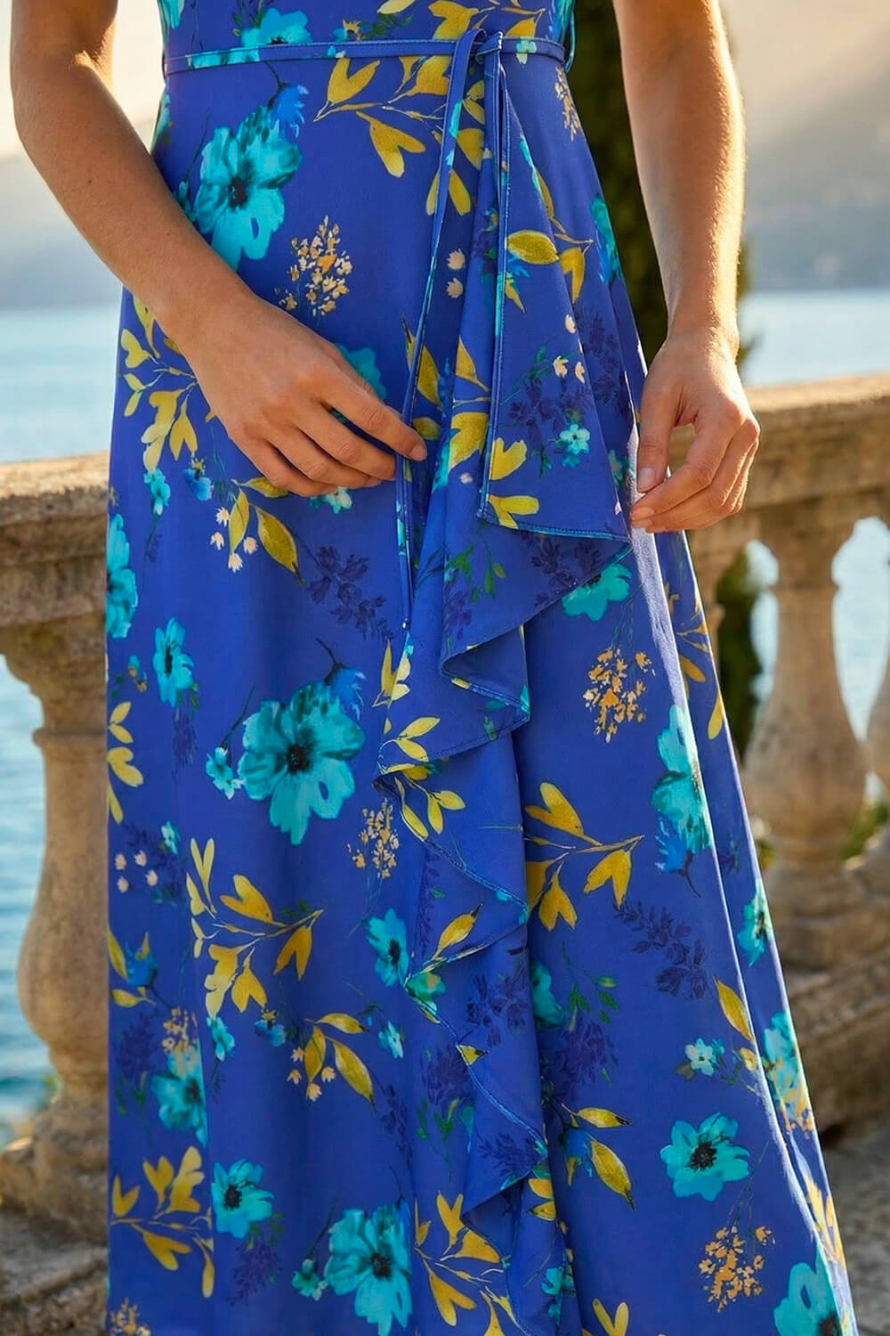 Royal Blue Floral Print Bardot Ruffle Stretch Dress, Image 5 of 4