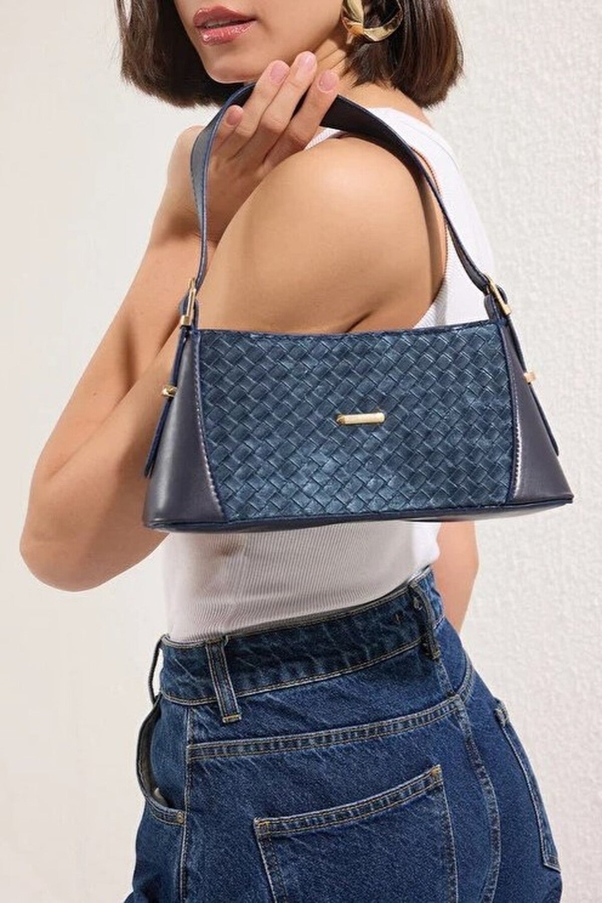 Navy WOVCOR Navy Woven Panel Shoulder Bag with Gold Hardware, Image 1 of 4