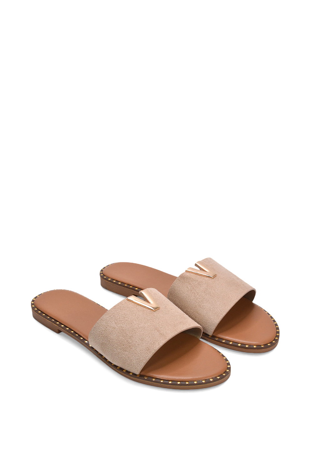 Taupe XY LONDON Taupe 'Rorie' Slip On Cut Out Flat Sandal Sliders, Image 4 of 6