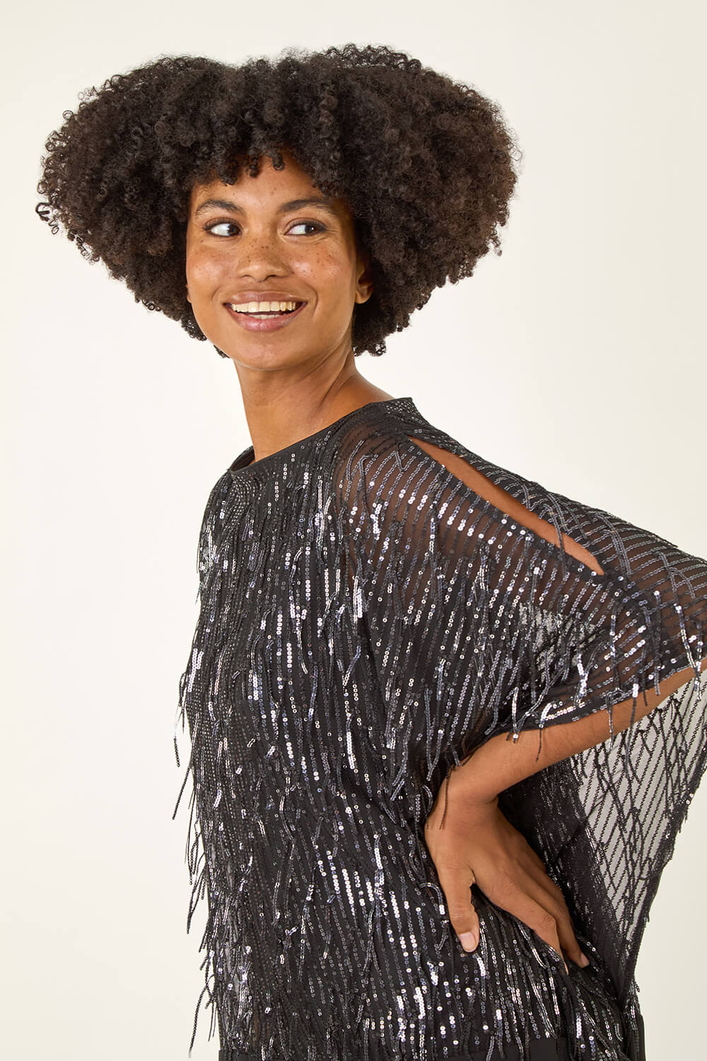 Dark Grey Sequin Mesh Chiffon Hem Top, Image 5 of 5