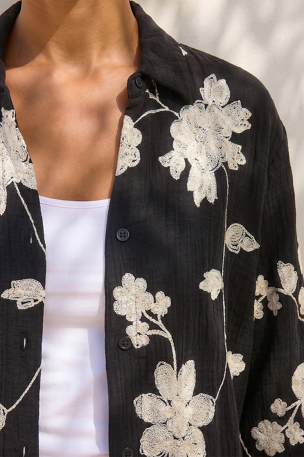 Black Floral Embroidered Collared Shirt, Image 5 of 4