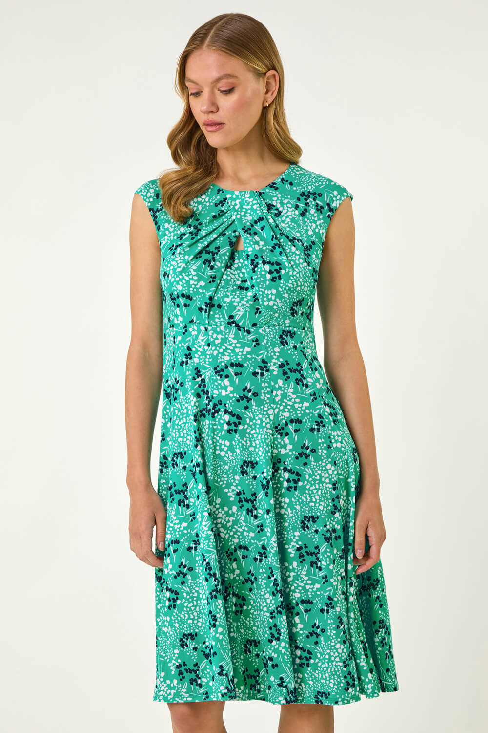 Roman Women's Aqua Ditsy Floral Keyhole Twist Dress Size 16
