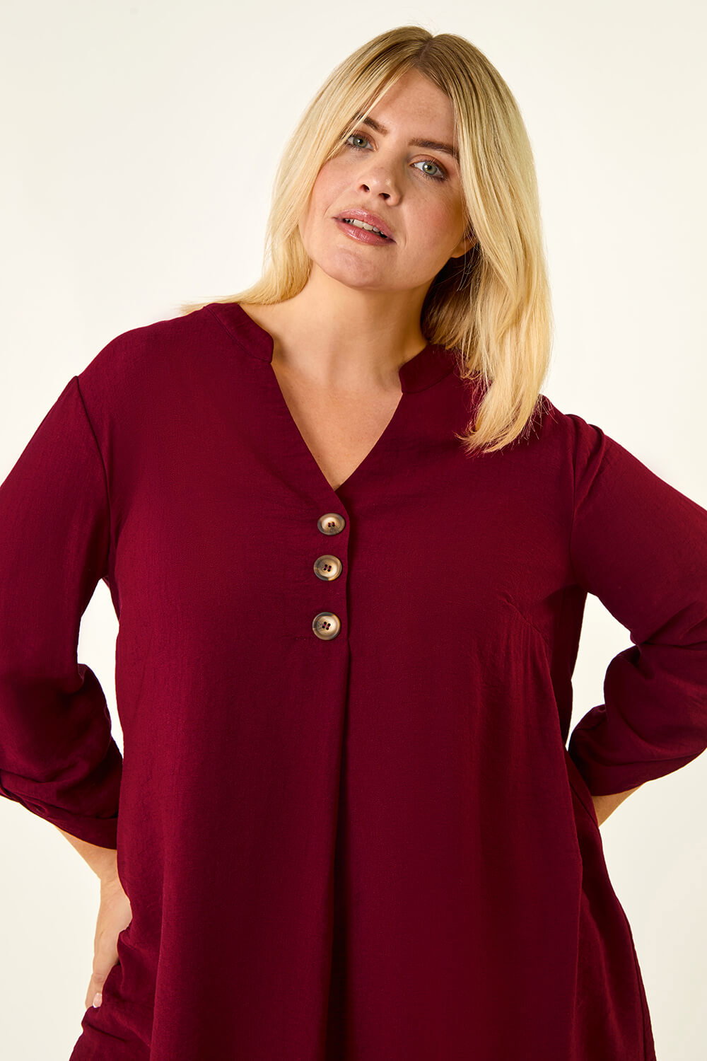 Wine Curve Textured Buttoned Tunic Top, Image 5 of 5