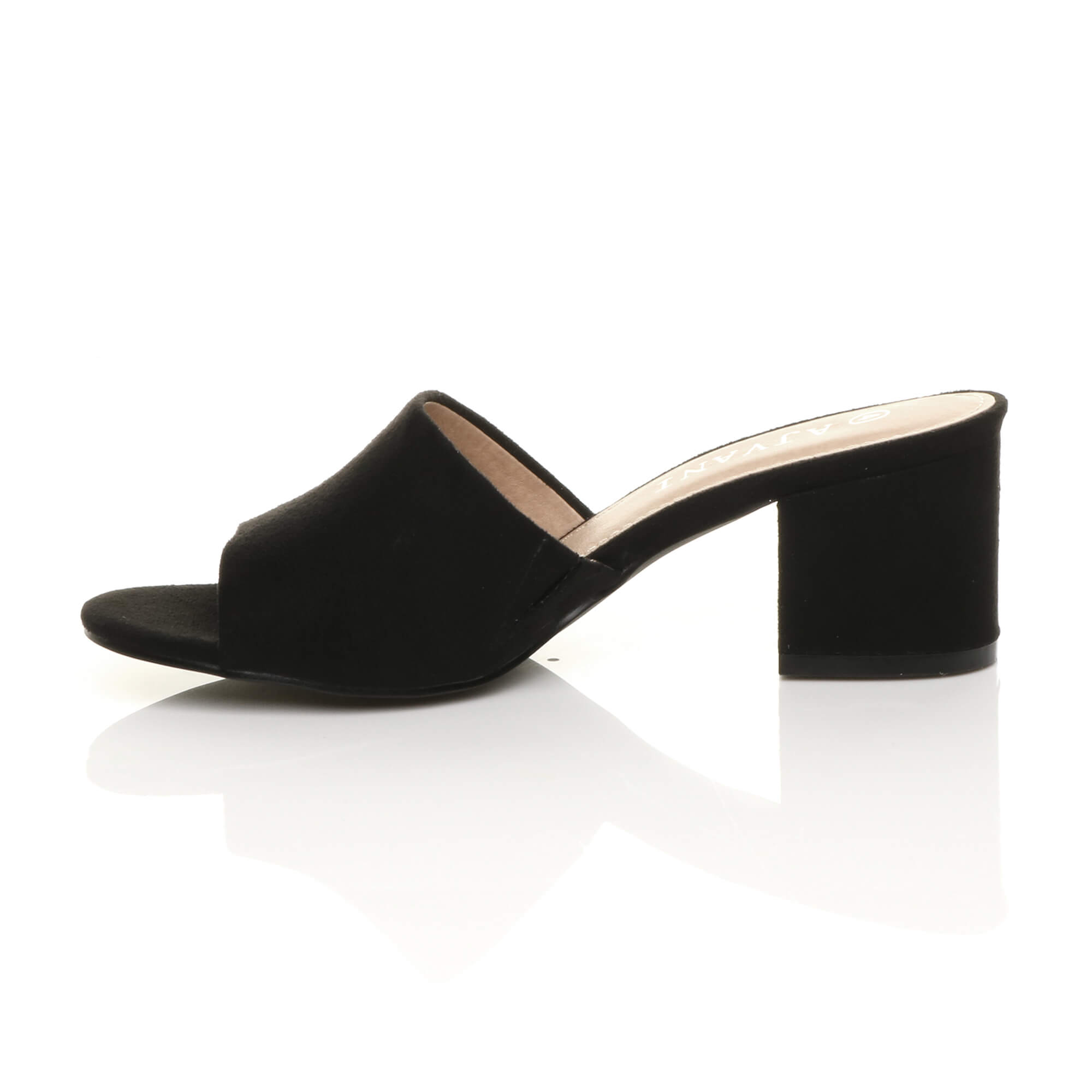 Black AJVANI Black Mid Block Heel Peep Toe Mules Sandals, Image 3 of 6