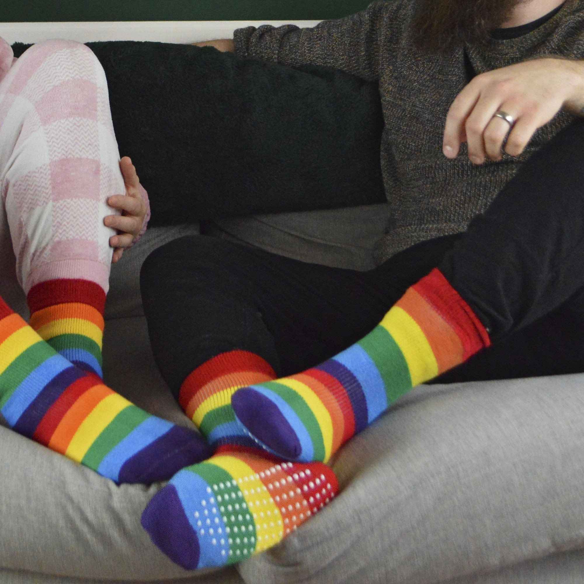 Multi 1 Pack Rainbow Striped Thermal Non Slip Slipper Socks for Winter, Image 3 of 5