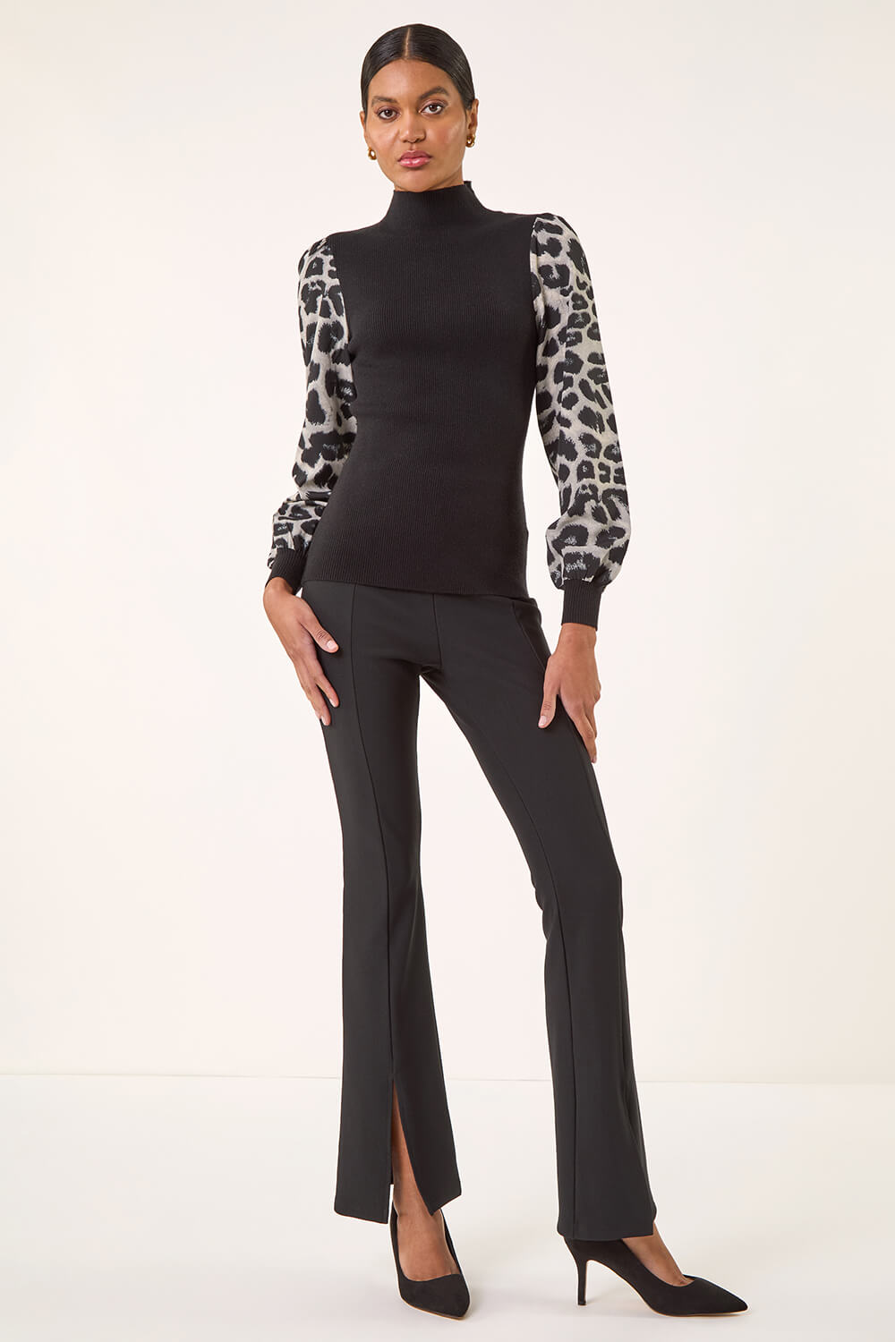Black Animal Print Mesh Sleeve Knit, Image 3 of 5
