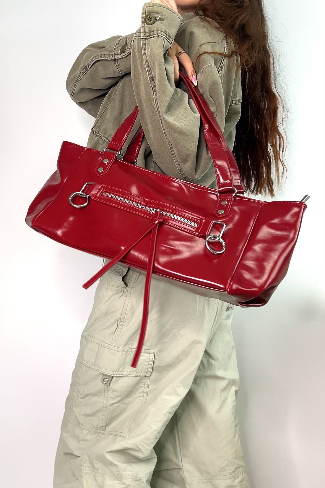 Red Large Tote Bag With Zip And Metal Hardware, Image 2 of 5