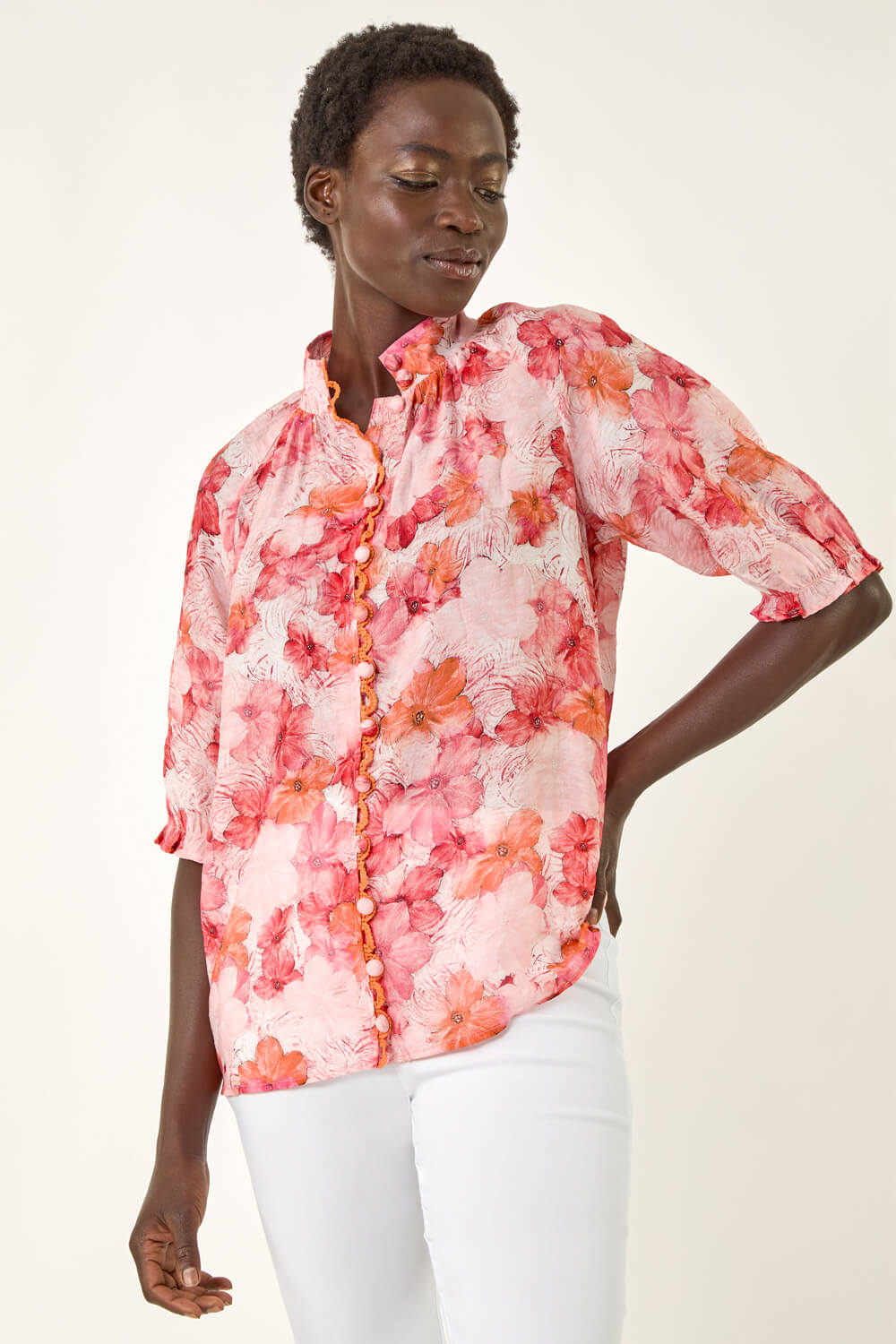 CORAL Floral Print Button Up Detail Blouse, Image 1 of 5