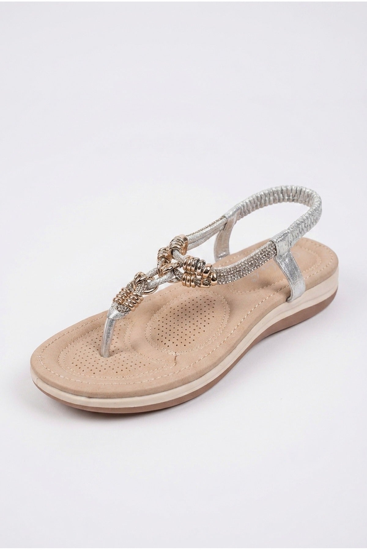 Silver iKrush Silver Pearl Embellished T Bar Flat Sandals, Image 2 of 5