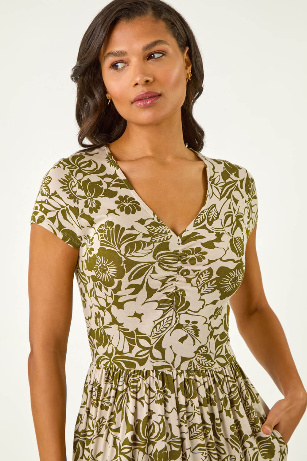 Khaki Floral Print Ruched Stretch Midi Dress, Image 5 of 5