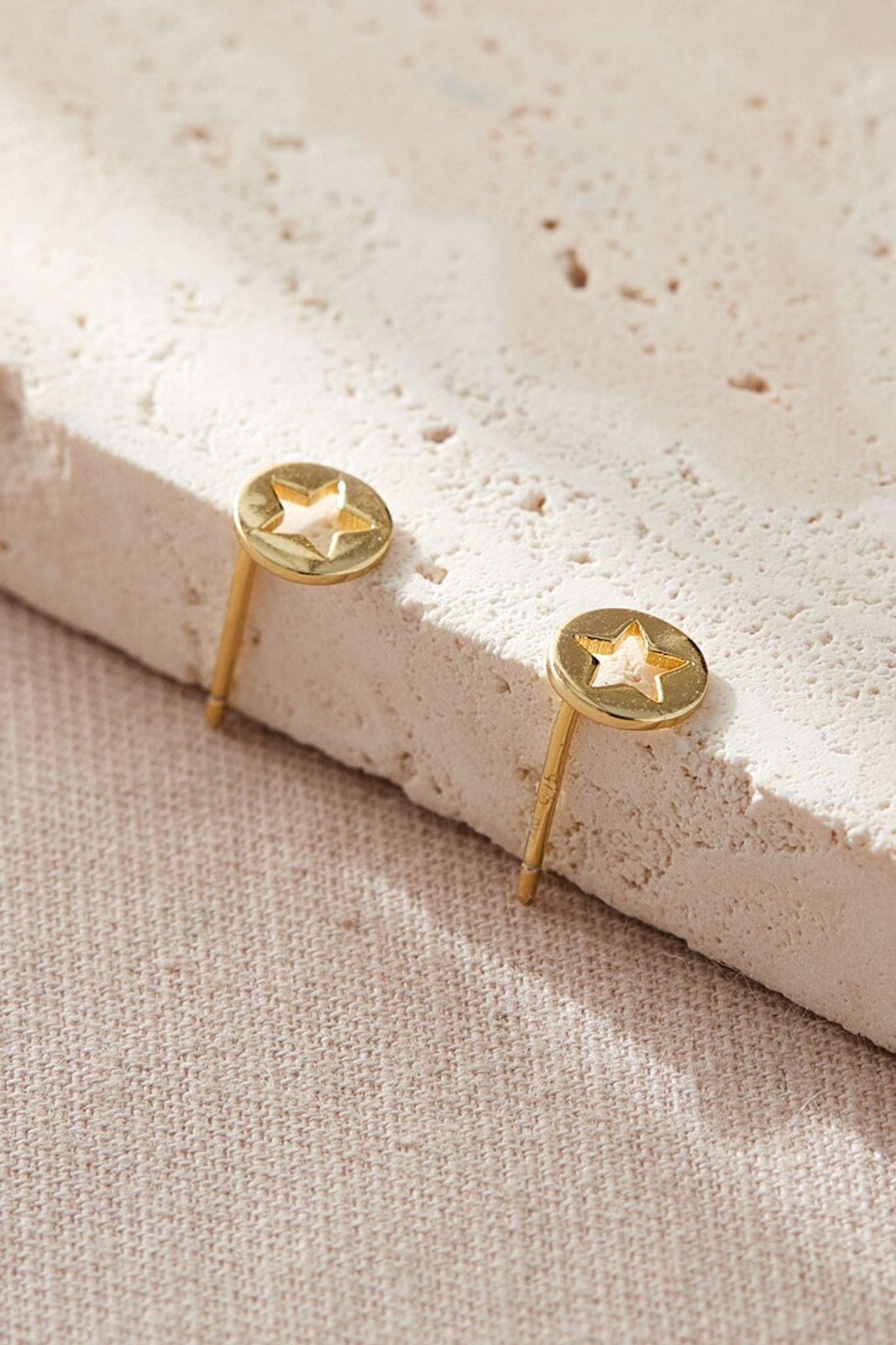 Gold Sterling Silver Round Star Stud Earrings, Image 2 of 2
